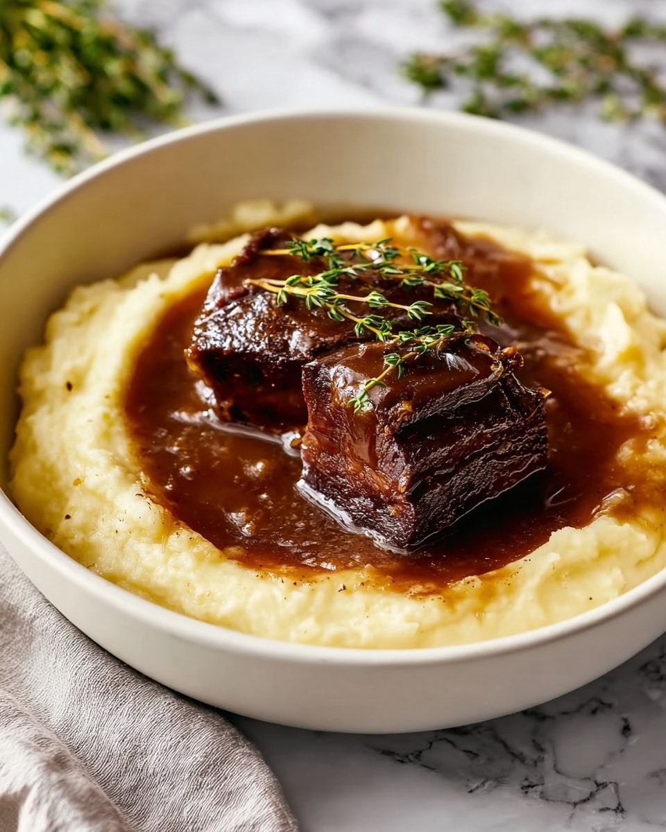 A white bowl holds a dish with three layers; the bottom layer is creamy mashed potatoes with a smooth and slightly fluffy texture in pale yellow, forming a circular base around the edge. On top of the mashed potatoes is a rich, dark brown gravy that pools in the middle, covering some of the mashed potatoes but leaving the edges visible. The top layer features two thick pieces of dark brown braised meat with a glossy surface, garnished with fresh green thyme sprigs resting on the meat. The bowl is set on a white marbled surface, with a soft focus cloth and some blurred green herbs in the background. Photo taken with an iphone --ar 4:5 --v 7