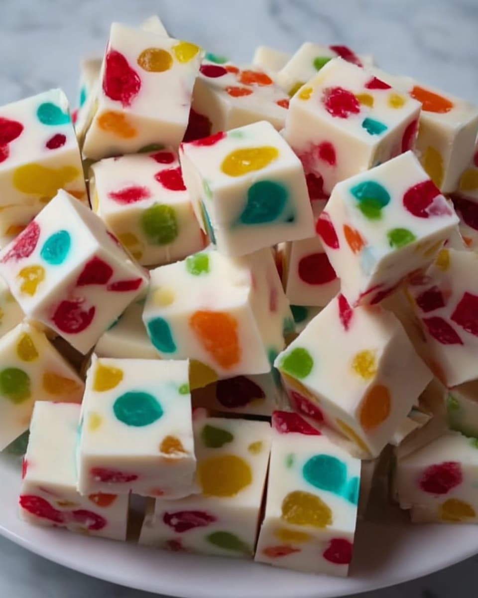 The image shows many small square pieces of white fudge, each with colorful jelly-like spots embedded inside. The fudge pieces have a smooth and creamy texture on the outside, while the colorful spots in red, green, yellow, orange, and blue add a bright and playful look inside. The fudge cubes are piled closely together on a white plate, all sitting on a white marbled surface, giving a clean and fresh background. photo taken with an iphone --ar 4:5 --v 7