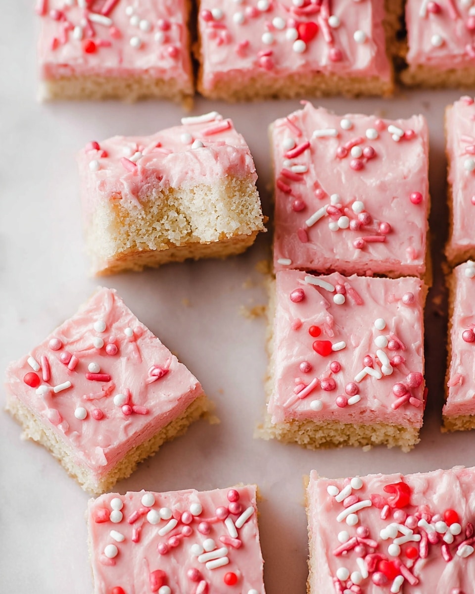 The image shows a group of square-shaped dessert bars placed closely together on a white marbled surface. Each bar has two clear layers: the bottom layer is a light beige, crumbly-looking base, and the top layer is smooth, light pink frosting evenly spread across the surface. The frosting is decorated with small round and rod-shaped sprinkles in shades of white, red, and pink, scattered randomly. One piece near the bottom left has a bite taken from it, revealing the soft texture inside. The bars have clean-cut edges, and the frosting layer has slight swirls in some spots. photo taken with an iphone --ar 4:5 --v 7