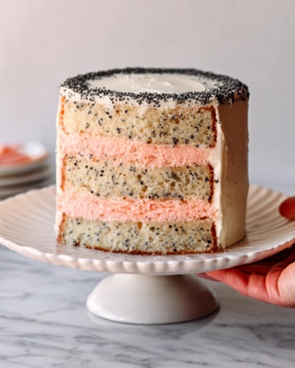 The image shows a tall cake with three layers, each separated by a pink cream filling. The cake layers are light beige with small dark specks throughout. The outside of the cake is coated with smooth white frosting and decorated on top with a thin ring of black seeds. The cake is on a white plate with a ruffled edge, sitting on a white marbled surface. A woman's hand holds the plate on the side. Photo taken with an iphone --ar 4:5 --v 7