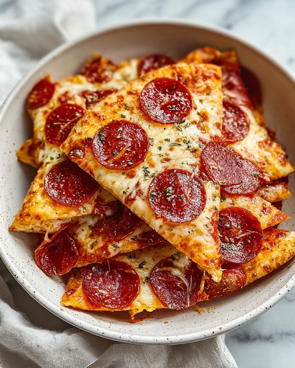 A round white speckled bowl filled with multiple stacked flat slices of pepperoni pizza, each slice showing a golden-brown crust, bubbly melted cheese with slightly browned spots, and scattered round, reddish-brown pepperoni slices. The pizza slices are layered unevenly, some overlapping with gooey cheese stretching slightly in places. Small green herbs are sprinkled lightly across the cheese topping. The bowl rests on a white marbled surface with a soft cloth partially visible nearby. photo taken with an iphone --ar 4:5 --v 7