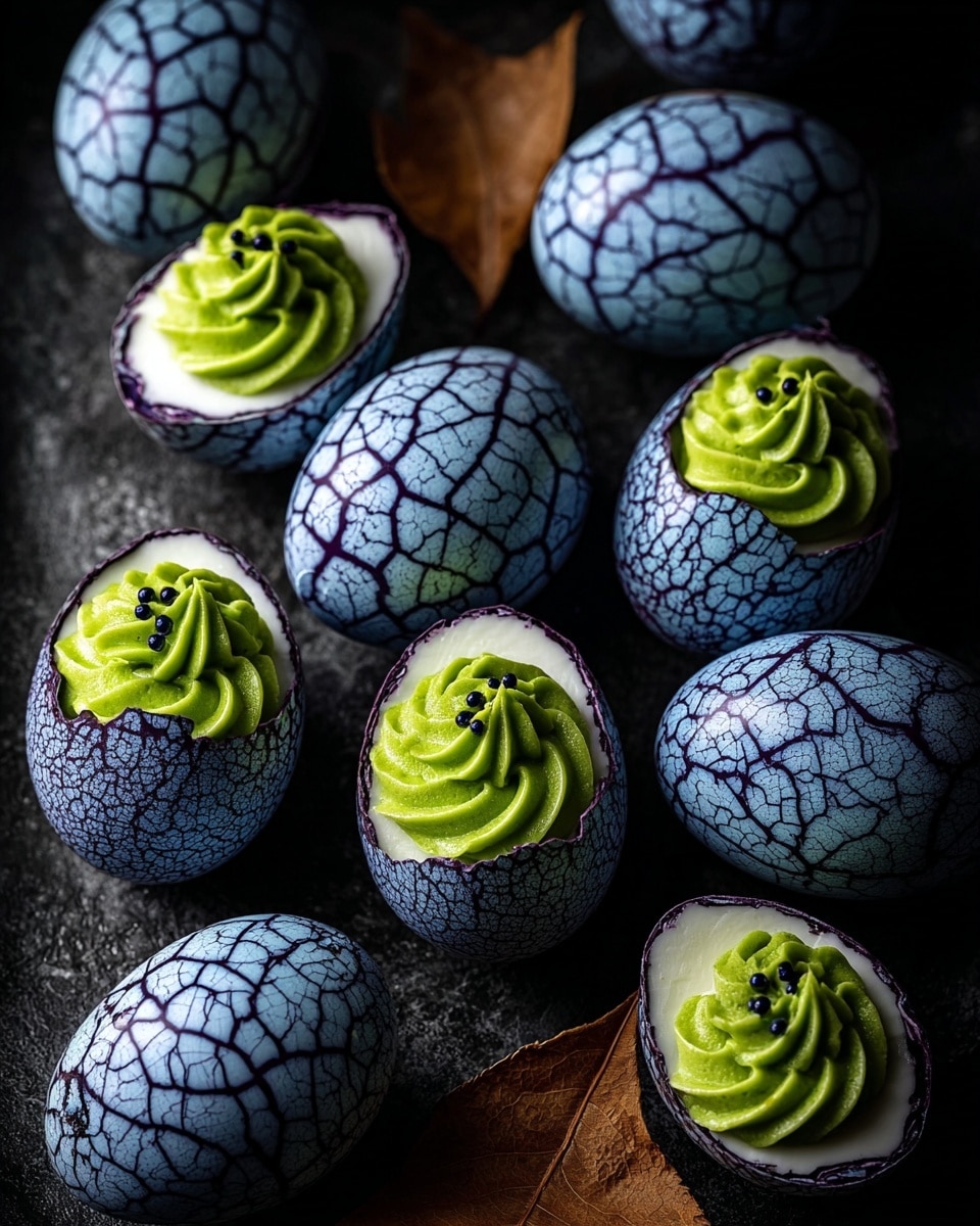 The image shows several cracked blue eggs with dark purple vein-like patterns on their shells. Some of these eggs are whole, while others are cut in half, revealing a creamy white interior with the same dark purple crack pattern. The halved eggs are topped with a swirl of bright green filling, which is textured like a soft mousse or whipped cream, and sprinkled with small black seeds in the center. All the eggs are arranged on a dark, textured surface, alongside a single dry brown leaf. The contrast between the bright green filling, the dark purple cracks, and the blue eggshells creates a striking visual. Photo taken with an iphone --ar 4:5 --v 7