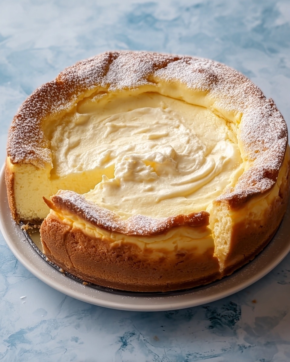 A round cheesecake with a golden-brown crust forming a thick outer edge and a creamy, smooth pale yellow filling in the center. The crust is slightly crumbly and dusted with a light dusting of powdered sugar. The cheesecake is placed on a white plate resting on a white marbled surface. The creamy filling has soft swirls and peaks that give it a light, fluffy texture. Photo taken with an iphone --ar 4:5 --v 7
