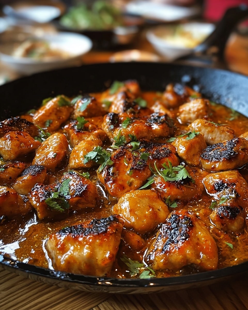 The image shows a black cast-iron pan filled with golden-brown chicken pieces cooked in a shiny, orange-brown sauce that looks thick and slightly sticky. Each piece of chicken is irregular in shape and has a crispy, caramelized surface with some darker charred spots. Small green herb leaves, likely cilantro or parsley, are scattered over the top, adding a fresh touch to the warm color palette. The pan rests on a wooden table with a soft background blur that hints at other dishes out of focus. photo taken with an iphone --ar 4:5 --v 7