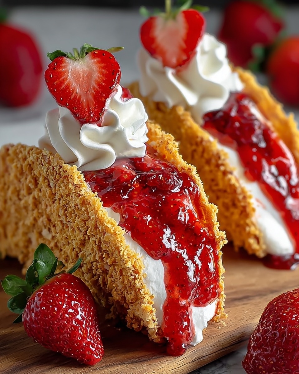 Two strawberry dessert tacos sit side by side on a wooden board against a white marbled texture. Each taco has three layers: a golden crunchy shell coated with fine crumbs, inside a thick layer of smooth white cream, topped with a glossy bright red strawberry jam that drips slightly over the edge. On top, a swirl of white whipped cream crowned with a half slice of fresh red strawberry with green leaves completes the look. Fresh whole strawberries lie nearby, adding color to the scene. Photo taken with an iphone --ar 4:5 --v 7