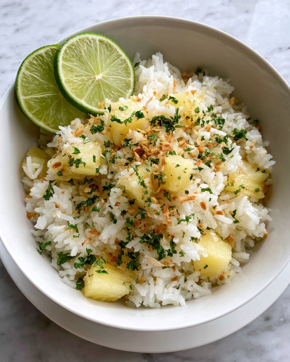 A white bowl filled with cooked white rice mixed with golden pineapple chunks, topped with sprinkled chopped green herbs and toasted brown flakes. A slice of lime with a bright green peel and light green inside leans against the side of the bowl. The bowl sits on a matching white saucer, all placed on a white marbled textured surface. photo taken with an iphone --ar 4:5 --v 7