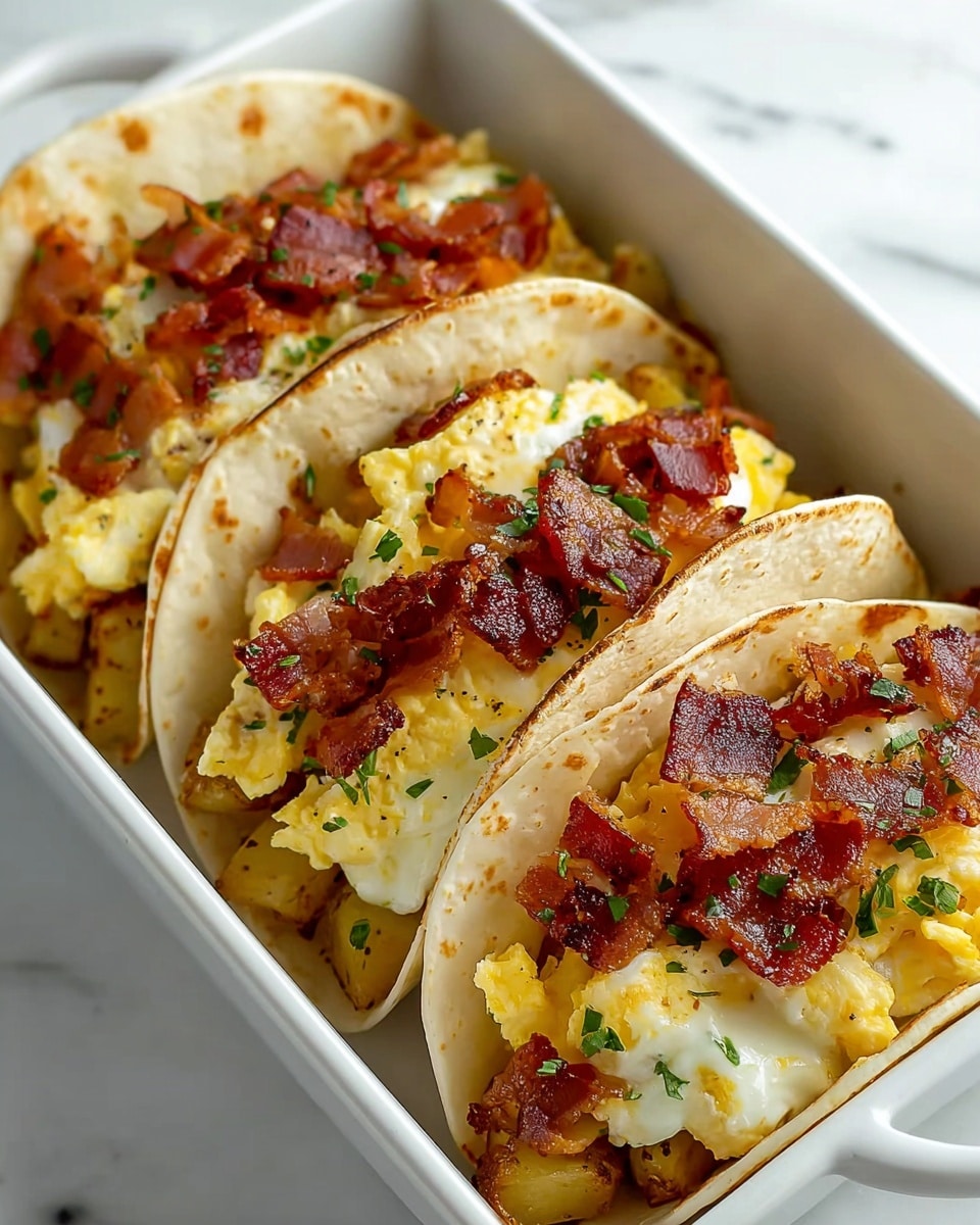 The image shows a white rectangular dish filled with four breakfast tacos arranged side by side. Each taco has three visible layers: the bottom layer is golden-brown cooked potato pieces with some slightly charred edges, the middle layer is fluffy light yellow scrambled eggs, and the top layer is crispy brown bacon bits scattered over the eggs. Small bits of green herbs are sprinkled over the tacos for color contrast. The background surface is a white marbled texture. photo taken with an iphone --ar 4:5 --v 7