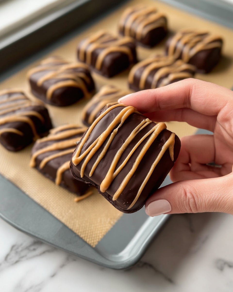 A close-up view of a square chocolate-covered treat held by a woman's hand, with a smooth dark brown chocolate coating topped by thick diagonal stripes of light brown peanut butter drizzle. Behind it is a grey baking tray lined with a silicone mat holding several identical square treats in neat rows. The background is a white marbled texture under soft natural lighting. photo taken with an iphone --ar 4:5 --v 7