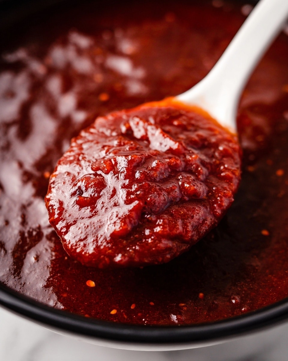 A close-up of a thick, rich dark red sauce with a glossy, slightly chunky texture in a white spoon resting in the same sauce, showing some small bits and a deep, almost brownish-red color throughout. The sauce has a shiny surface with areas catching light and looks dense with a bit of oil on top, all in a smooth container with a black edge visible at the bottom. The background is a white marbled texture. Photo taken with an iphone --ar 4:5 --v 7