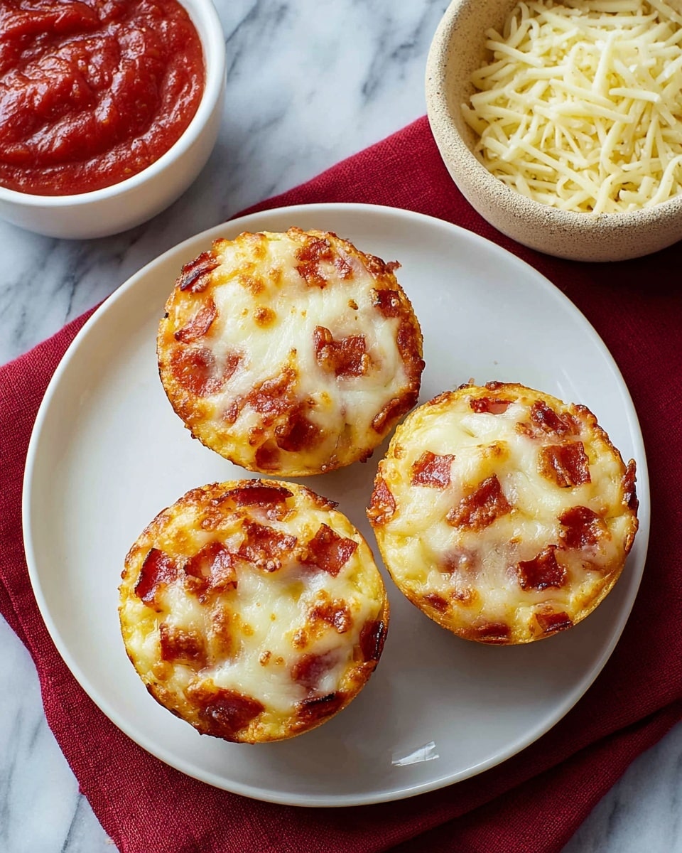 Three mini pizza muffins sit on a white plate placed on a red cloth over a white marbled surface. Each muffin has a golden-brown crust base with a top layer of melted cheese that is bubbly and slightly browned, with visible pieces of pepperoni scattered inside the cheese. To the left, there is a small white bowl filled with thick red tomato sauce and a round beige bowl containing shredded cheese. The colors contrast well with the white marbled background. Photo taken with an iphone --ar 4:5 --v 7