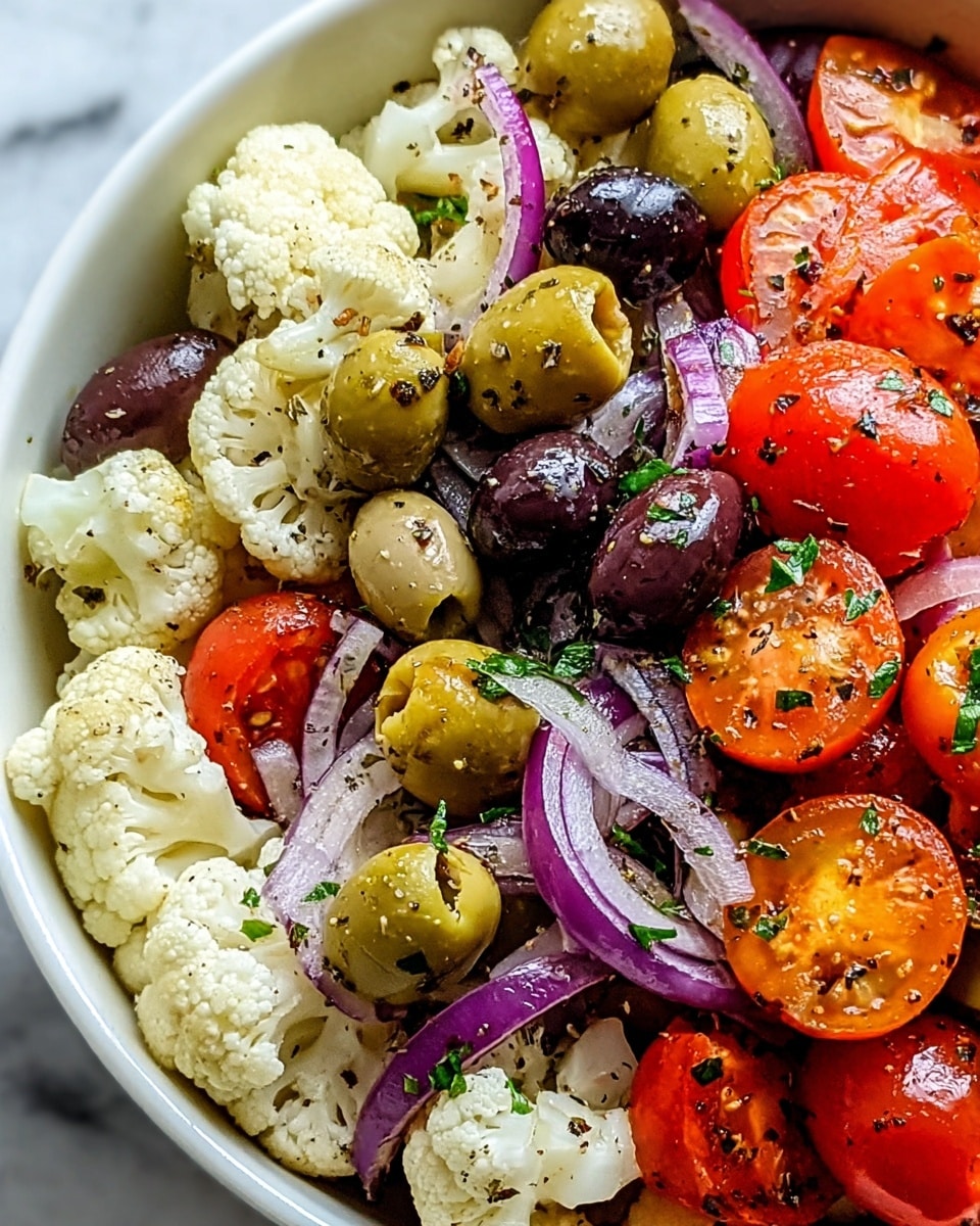 The image shows a close-up of a fresh salad in a white bowl, placed on a white marbled surface. The salad has three main layers: the first layer includes whole black olives with a smooth shiny dark color; the second layer has halved bright orange and red cherry tomatoes with a juicy texture; the third layer contains small, white cauliflower florets with a rough surface mixed evenly with thin slices of purple onion rings. Tiny green herb pieces are scattered over the ingredients, adding a touch of color and freshness. Photo taken with an iphone --ar 4:5 --v 7