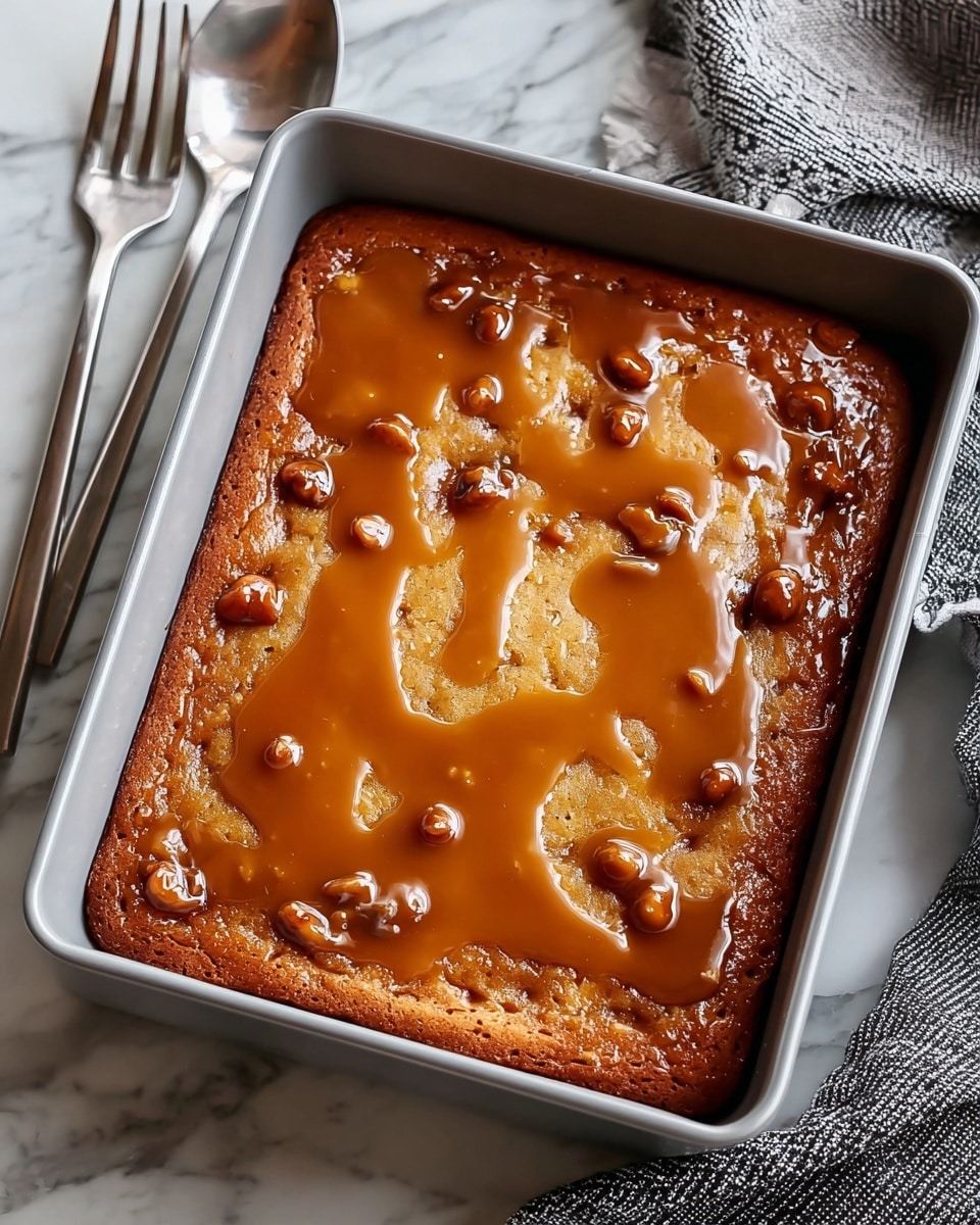 A square baked dessert with a golden-brown crust sits inside a light gray baking pan, with the top layer covered in a shiny caramel sauce that has small round nuts scattered throughout. The dessert has a moist, slightly textured surface showing some cracks and unevenness from baking, with the caramel pooling more heavily in some spots. The pan is placed on a white marbled texture with a silver fork and a black and white cloth nearby. Photo taken with an iphone --ar 4:5 --v 7