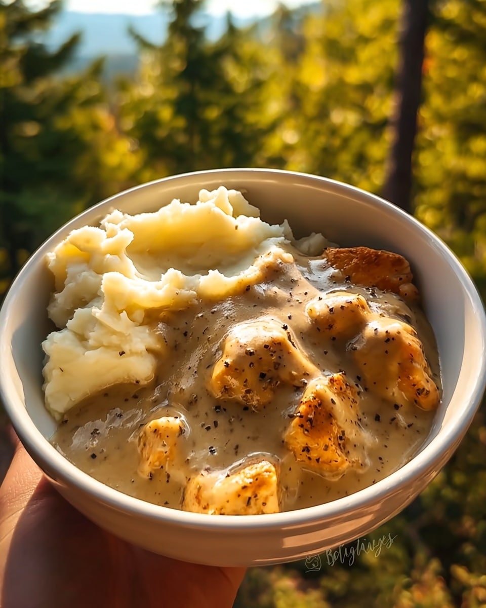 A white bowl filled with two main layers: on one side, fluffy mashed potatoes that are smooth and creamy white with soft peaks, and on the other side, golden-browned bite-sized chicken pieces covered in a thick, creamy light brown gravy speckled with black pepper and herbs. The gravy slightly pools around the chicken and blends a little into the potatoes. The bowl is held by a woman's hand against a soft focus background of green forest trees with warm sunlight filtering through. Photo taken with an iphone --ar 4:5 --v 7