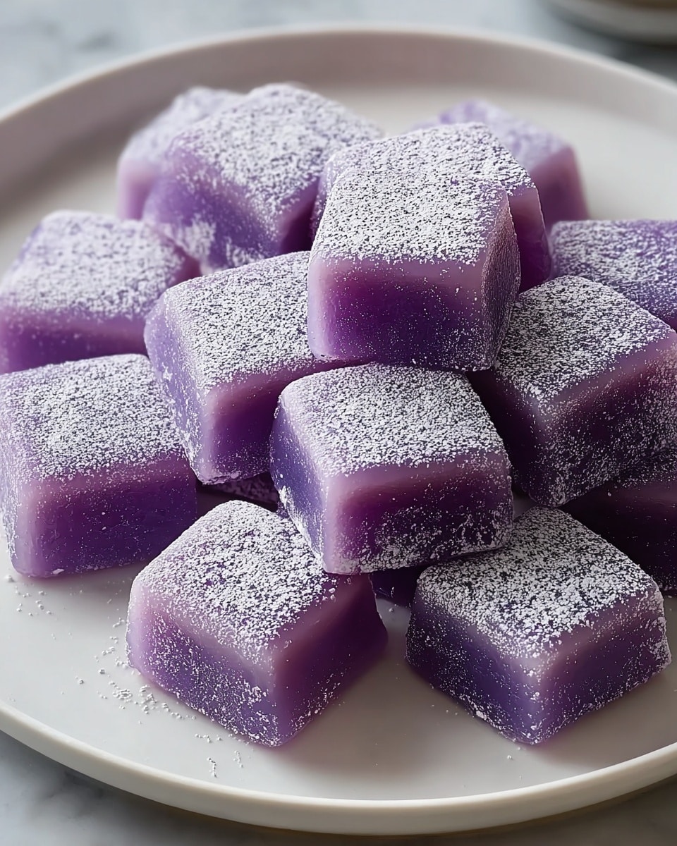 There is a white plate holding about a dozen small, square purple dessert pieces arranged closely in two layers. Each piece has a slightly translucent, smooth texture and is dusted evenly with fine white powder on top, giving a frosted look. The desserts have clean edges and a soft, jelly-like appearance, with a slight shine that shows their moist surface. The plate sits on a white marbled texture. photo taken with an iphone --ar 4:5 --v 7