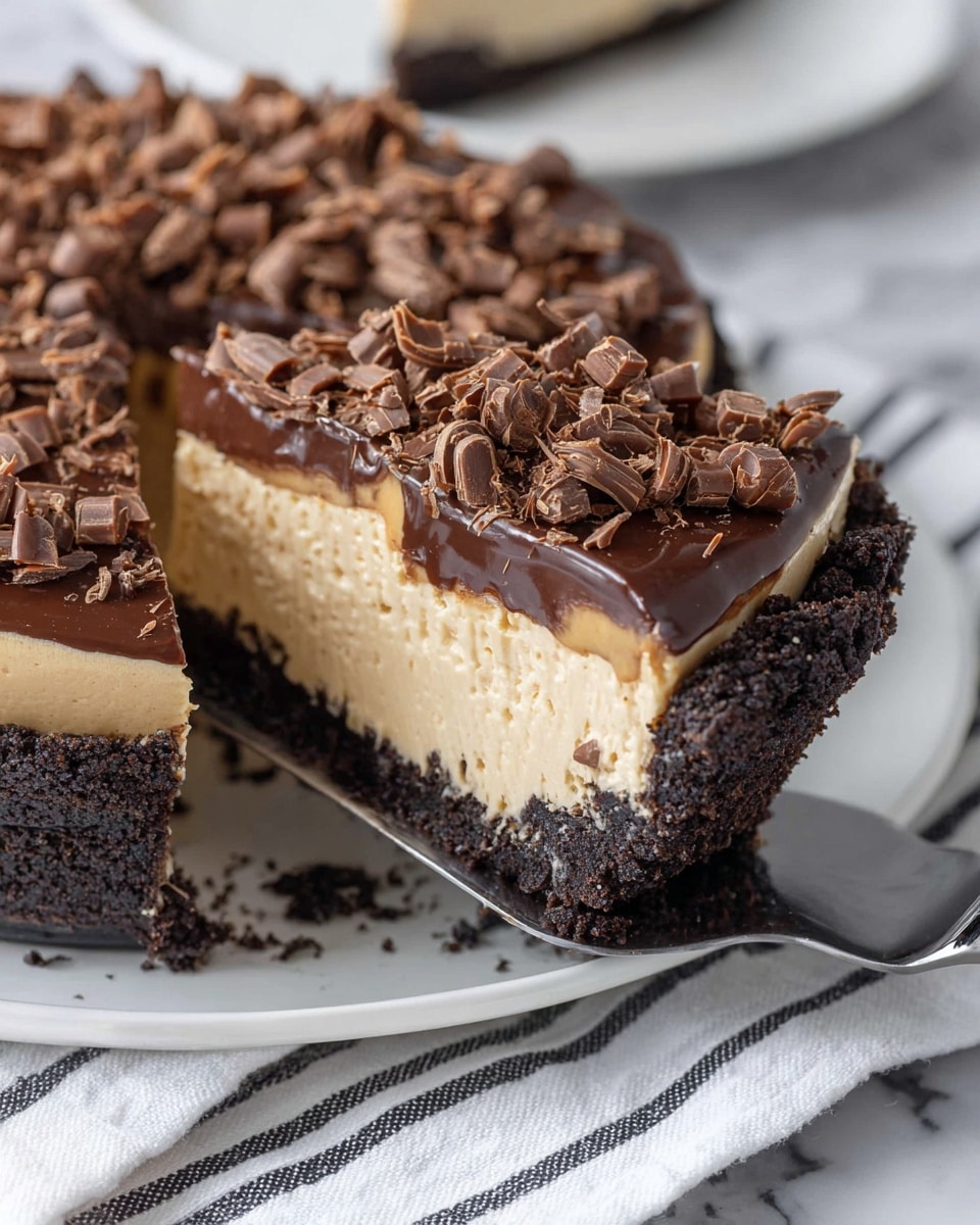The dessert is a slice of pie with three clear layers visible. The bottom layer is a thick, dark brown crumbly crust that looks rich and rough in texture. Above it is a creamy, light beige filling that is smooth and thick, occupying the most space in the slice. The top layer is a glossy, dark chocolate ganache that is smooth and shiny, covering the filling completely. On top of the ganache, there are many small, curly milk chocolate shavings scattered all over, adding texture and decoration. The slice is placed on a white plate, sitting on a white marbled surface with a striped cloth underneath, and a dark metal pie server is partially visible holding the slice. Photo taken with an iphone --ar 4:5 --v 7