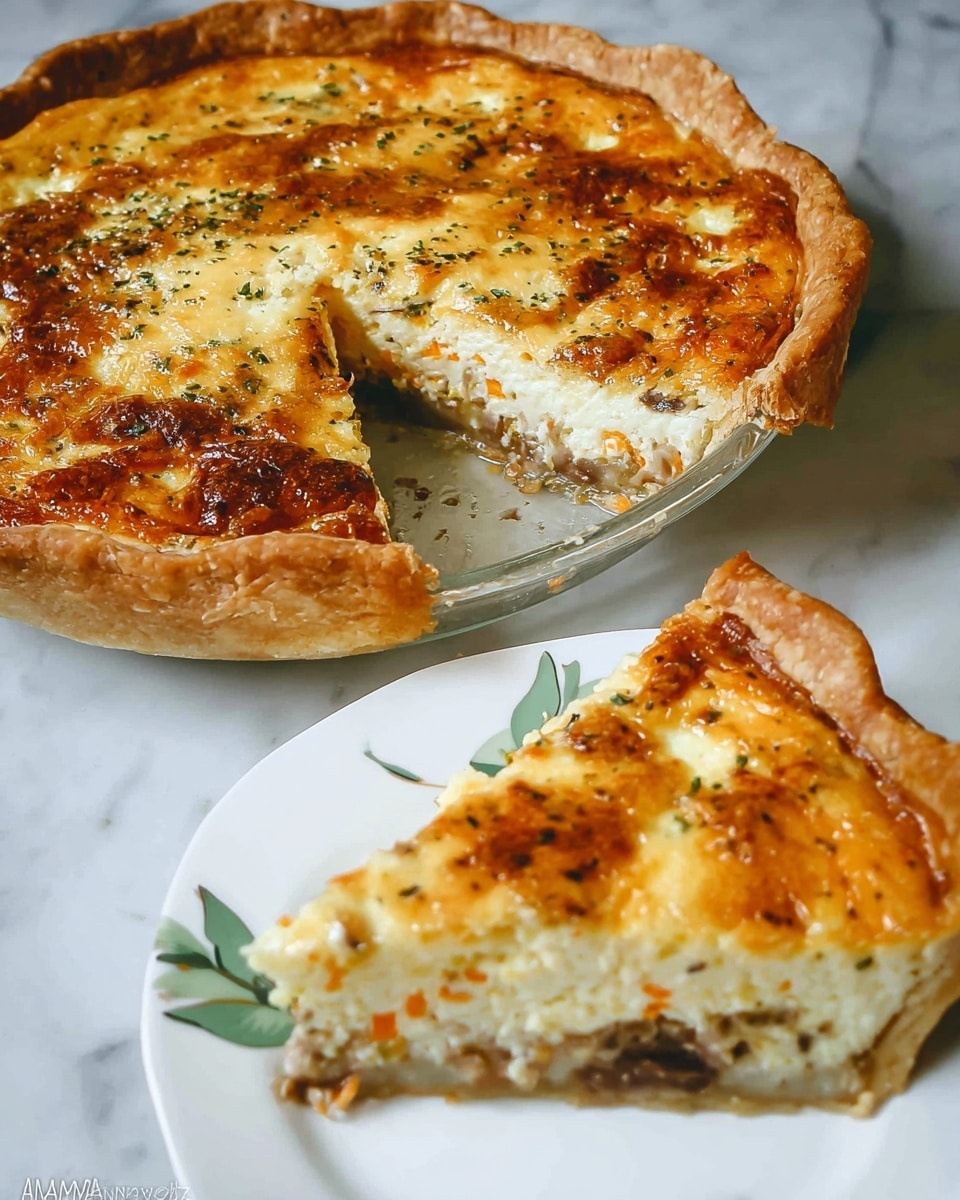 The image shows a pie with a golden-brown crust that is thick and slightly flaky, forming the base and edges. The filling has two main layers: the bottom layer is light-colored and dense with visible bits of orange and brown ingredients, while the top layer is creamy and yellow with browned spots and sprinkled herbs, giving it a textured look. A slice is cut and placed on a white plate with a green leaf design, showing the inside layers clearly, and the pie sits on a white marbled surface. photo taken with an iphone --ar 4:5 --v 7