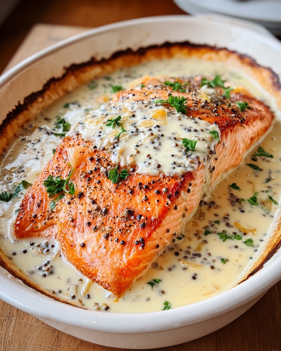 A white oval baking dish holds a large, thick piece of salmon cooked to a bright orange with a slightly charred, textured top layer. The salmon is covered with a creamy white sauce that has specks of black pepper and mustard seeds scattered throughout. Small green parsley leaves are sprinkled on top, adding a fresh contrast. The sauce fills the dish around the salmon, showing a slightly oily surface with more parsley garnishes. The edges of the dish have browned sauce marks, giving a baked look. The dish sits on a wooden surface with a soft, natural light highlighting the food. photo taken with an iphone --ar 4:5 --v 7