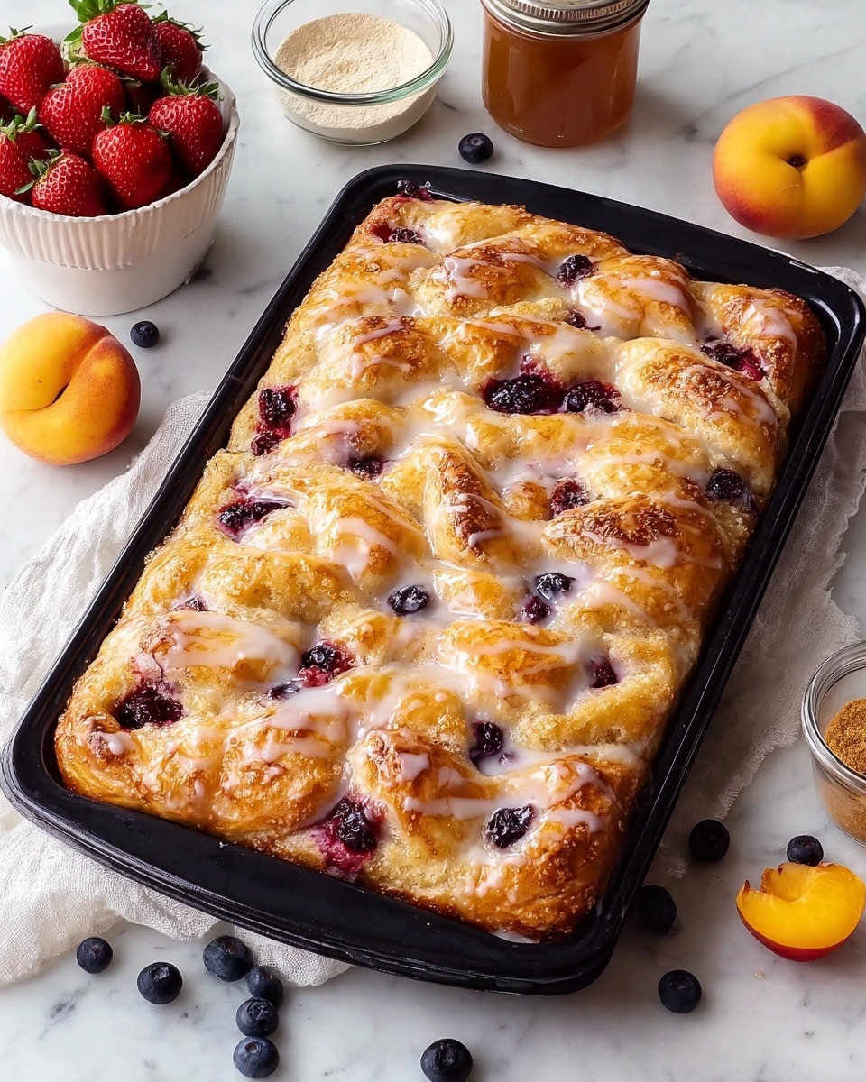 A rectangular baked pastry in a black tray shows a golden crust with a shiny glaze drizzled on top. The surface is uneven with puffy, flaky layers, and berries of dark red color are scattered throughout, some slightly sunken into the dough. The glaze adds a white, smooth texture over the golden brown pastry and around the berries. The tray sits on a white marbled texture with a white cloth partly under it. Nearby, there are scattered blueberries and blackberries, a whole peach, two small glass jars with brown and beige sugar, and a white bowl filled with fresh strawberries. photo taken with an iphone --ar 4:5 --v 7