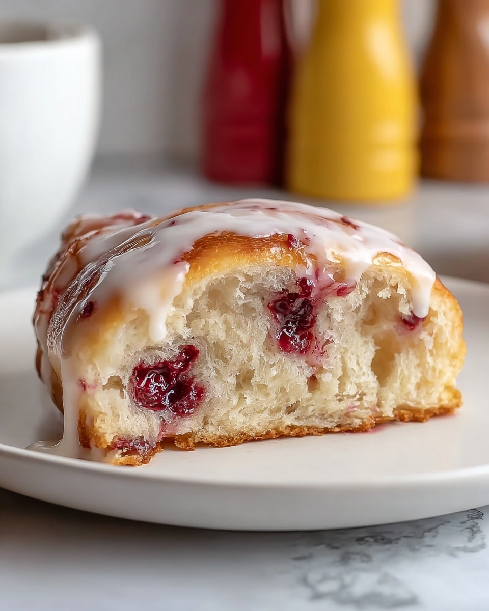 A close-up of a slice of berry-filled pastry on a white plate, showing its soft, light beige interior with pockets of dark red berry filling scattered inside; the top layer is golden brown with a shiny, smooth white icing drizzled over it, slightly dripping down the sides. The background features blurred yellow and red shakers on a white marbled texture. photo taken with an iphone --ar 4:5 --v 7
