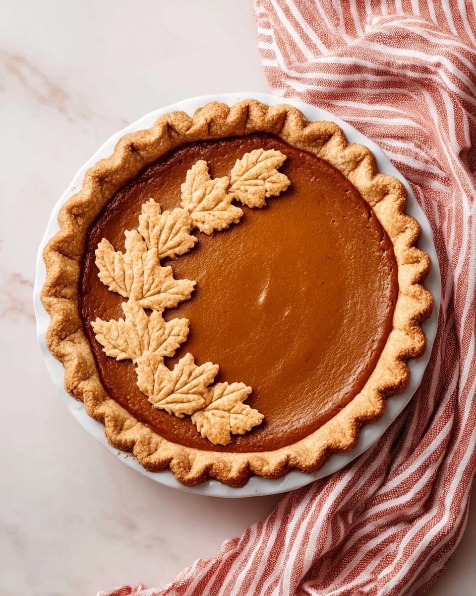 A single-layer round pumpkin pie with a smooth, deep orange-brown filling sits in a white pie dish with a crimped golden-brown crust. The filling is glossy and evenly textured, while the crust edges are thick and rippled. On top of the pie, there are ten small, light brown pastry leaves arranged in a crescent shape on one side, each with detailed vein patterns. The pie is placed on a white marbled surface, next to a loosely folded red and white striped cloth. photo taken with an iphone --ar 4:5 --v 7