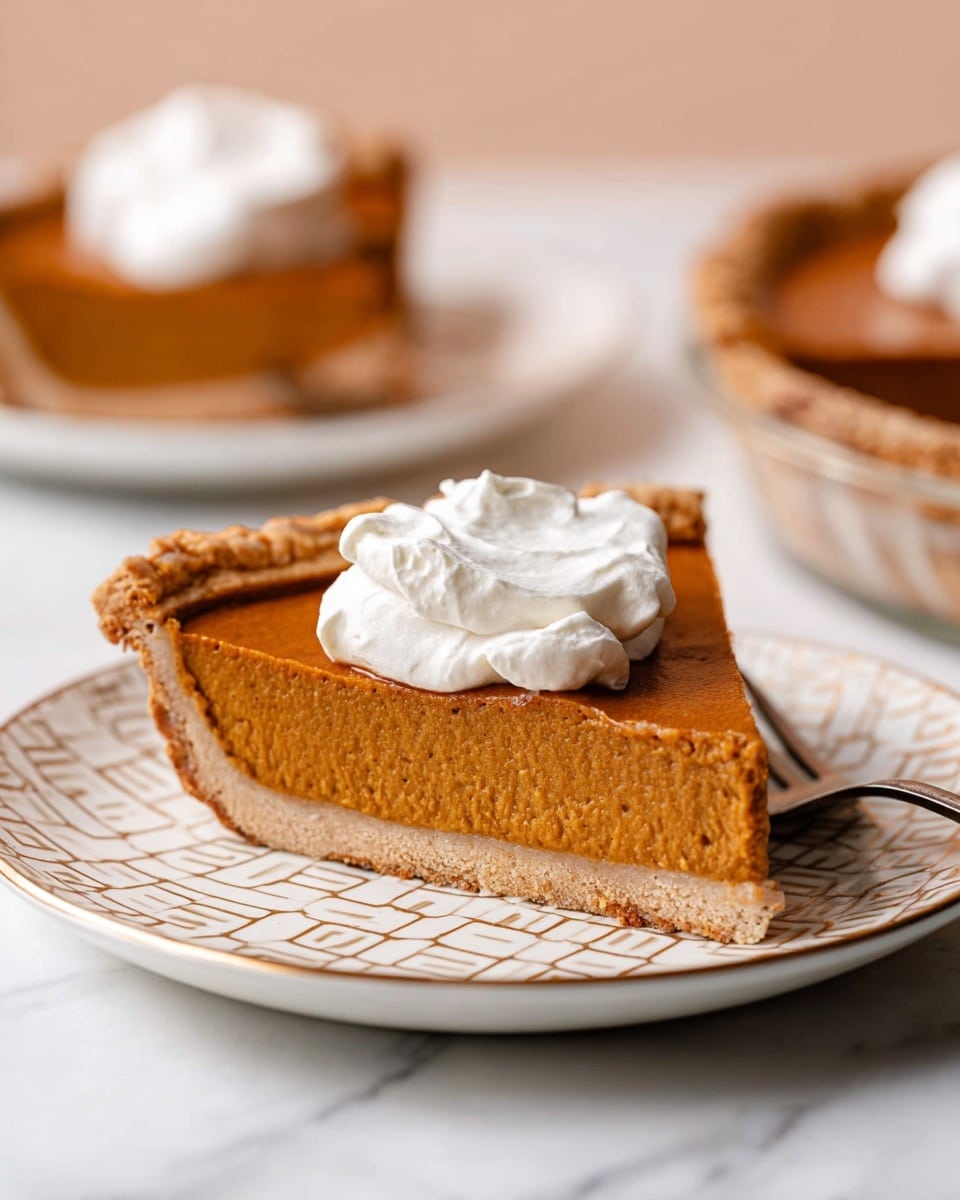 A slice of pumpkin pie with three visible layers: a thin, light brown crust at the bottom, a thick, smooth orange pumpkin filling in the middle, and a dollop of fluffy white whipped cream on top, placed slightly off-center. The pie slice sits on a white plate with a geometric pattern, and a silver fork rests beside it. In the blurred background, there are more pie slices on white plates set on a white marbled surface. The photo taken with an iphone --ar 4:5 --v 7