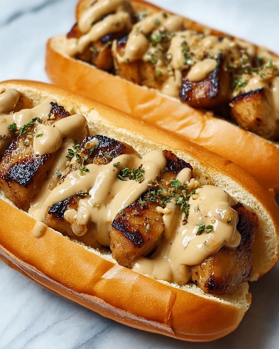 The image shows two hot dog buns, each filled with several pieces of golden brown, grilled meat that have a slightly charred texture. The meat is topped with a creamy light brown sauce that has a smooth and slightly thick consistency, drizzled generously over the top, with some green herb bits scattered on the sauce. The buns are soft and light golden in color with a smooth, shiny surface. The sandwiches are placed on a white marbled surface, giving a clean and bright background. photo taken with an iphone --ar 4:5 --v 7