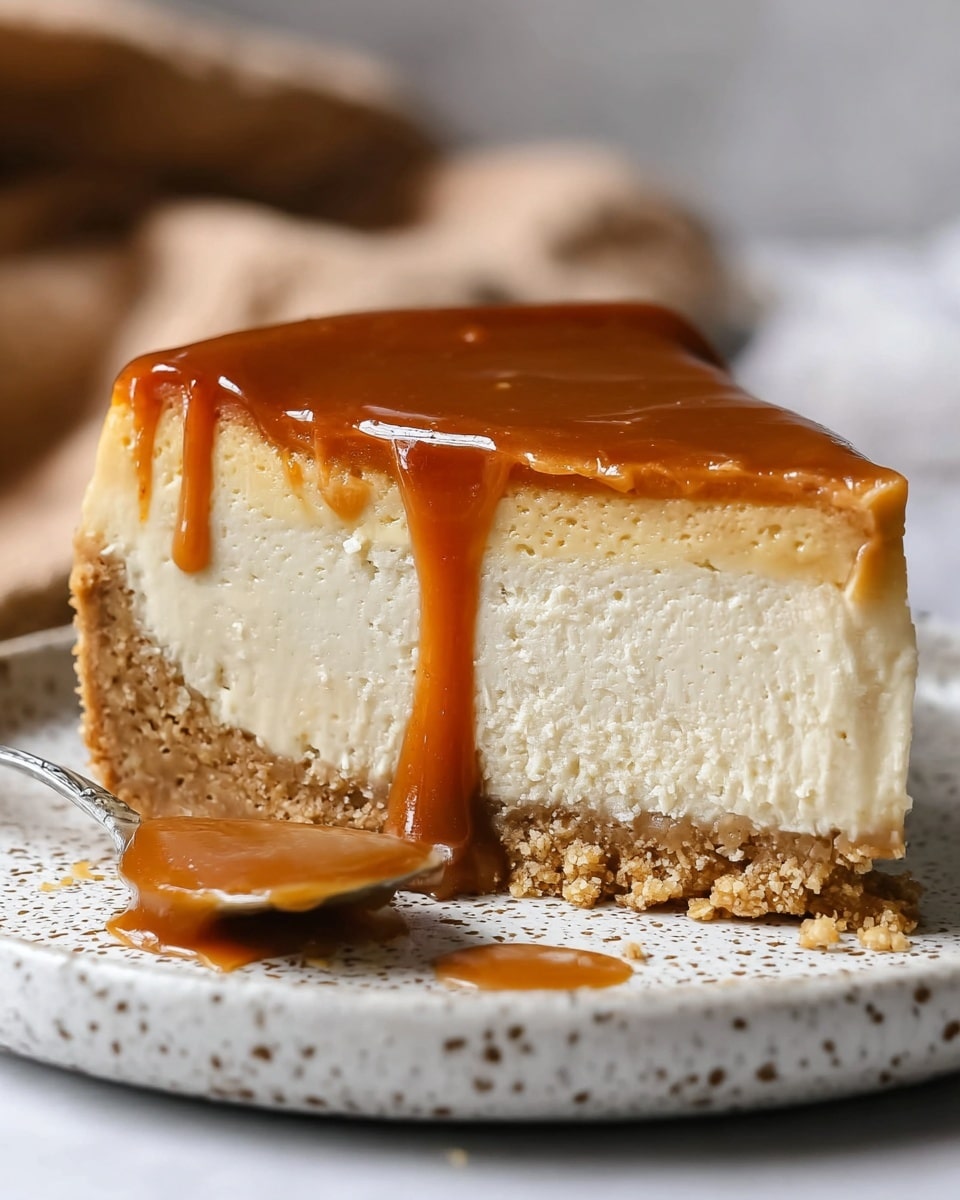A close-up of a cheesecake with three clear layers, placed on a white speckled plate set on a white marbled surface. The bottom layer is a thick, crumbly golden brown crust. The middle layer is a dense, creamy off-white cheesecake with a slightly rough texture. The top layer is a thick, smooth, shiny caramel sauce that drips slightly down the side. A spoon coated with caramel sauce lies on the plate near the cheesecake. Photo taken with an iphone --ar 4:5 --v 7