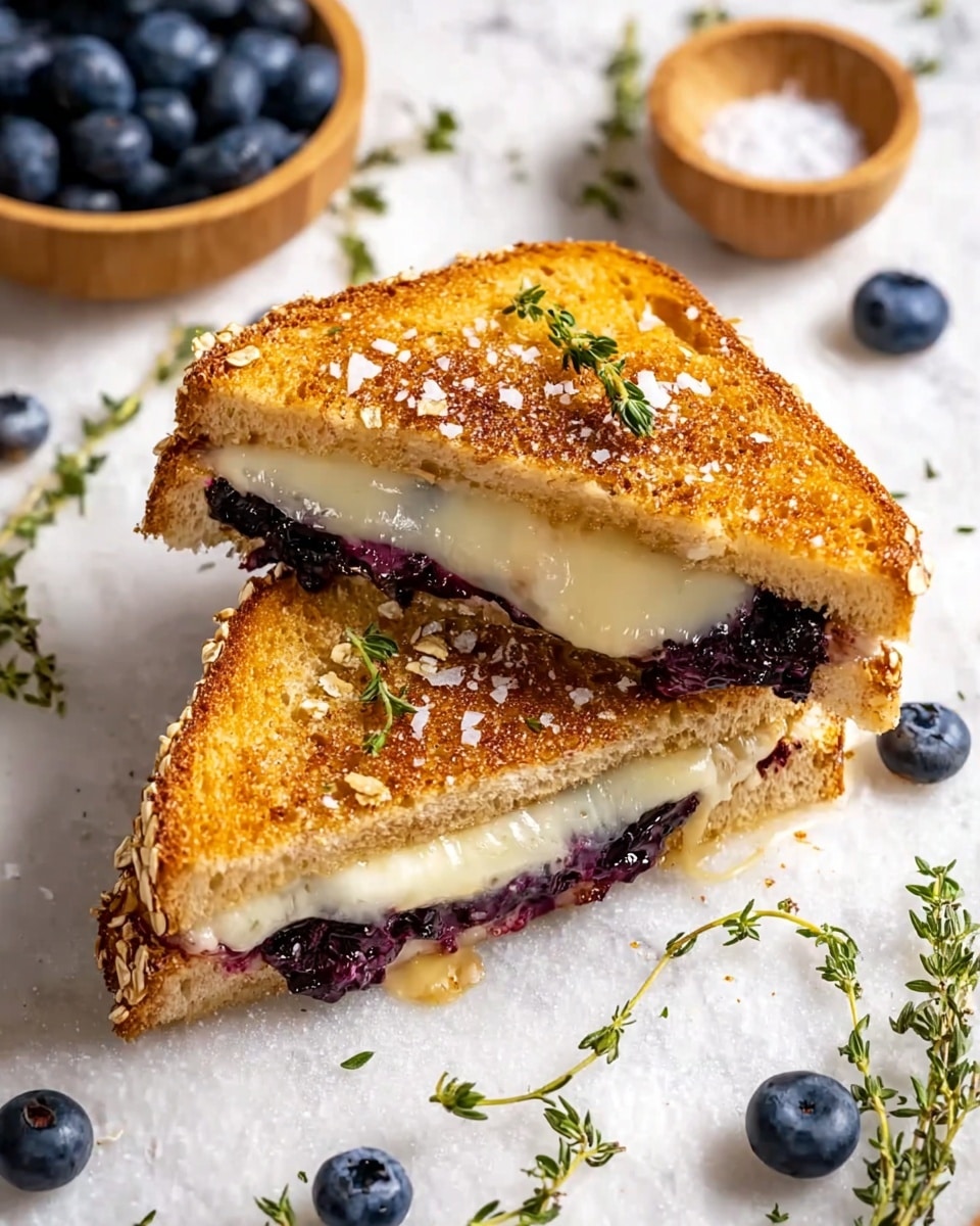 The image shows a toasted sandwich cut diagonally into two halves placed on a white marbled surface. Each slice of bread is golden brown with a crispy texture and visible oat seeds on the crust edges. Between the slices, there are two distinct layers: a melted white cheese layer on top that appears creamy and gooey, and beneath it, a dark purple layer of blueberry filling with some whole blueberries visible. The sandwich is garnished with coarse salt flakes and fresh green thyme sprigs on top. Around the sandwich, there are fresh blueberries scattered, small thyme sprigs, and small wooden bowls holding blueberries and salt. The lighting highlights the texture of the bread and the glossy shine of the melted cheese and blueberries. photo taken with an iphone --ar 4:5 --v 7