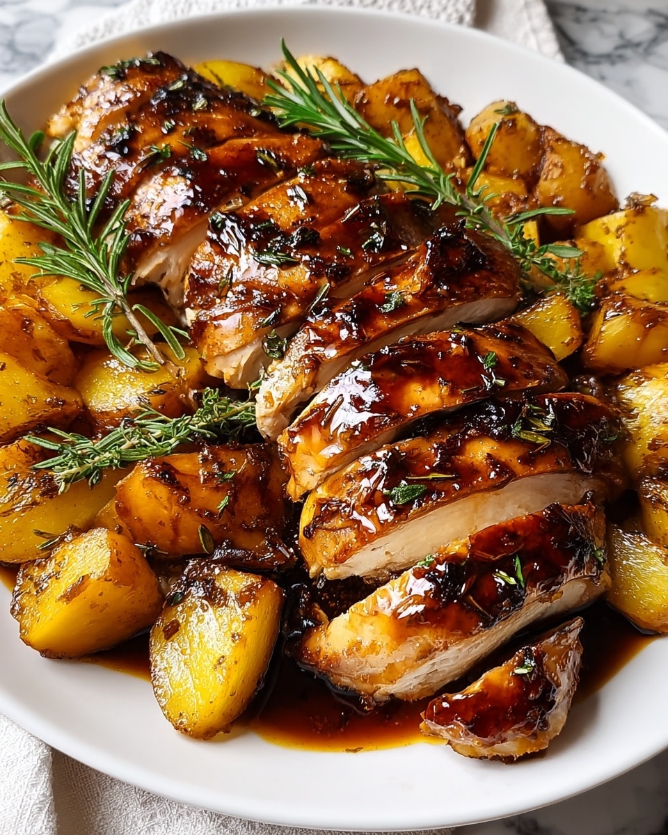 The image shows a white plate filled with several pieces of sliced roasted chicken layered neatly in the center, each piece showing a shiny, dark golden-brown glaze with herbs scattered on top. Surrounding the chicken slices are chunky, roasted yellow potatoes coated in the same glaze, with some wedges peeking from beneath the chicken. Sprigs of fresh green rosemary are placed on top and around the chicken, adding a pop of color. The surface under the plate features a white marbled texture, with a soft cloth partially visible on the side. The dish looks juicy and rich, with the sauce pooling slightly at the bottom. photo taken with an iphone --ar 4:5 --v 7
