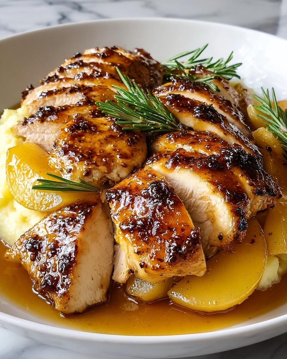 A white plate holds a dish with several thick slices of grilled chicken breast, each piece showing a golden-brown, slightly charred skin with a shiny glaze on top. Underneath and between the chicken slices are tender, cooked apple wedges in a light brown sauce that pools slightly at the bottom of the plate. The chicken and apples sit on a base of creamy mashed potatoes, visible at the edge of the plate in soft, yellowish-white mounds. Sprigs of fresh green rosemary are placed on top and around the chicken for a touch of color and decoration. The whole scene rests on a white marbled surface. photo taken with an iphone --ar 4:5 --v 7