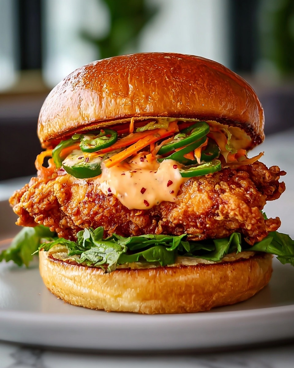 A crispy fried chicken sandwich is shown with a golden-brown toasted bun on top and bottom. The bottom bun holds a layer of fresh green leafy lettuce. Above that is a large piece of crunchy fried chicken with a textured, crispy coating in golden brown. On top of the chicken, there is a creamy sauce with a light orange color and visible spices, along with thin strips of shredded carrots, green bell peppers, and purple cabbage adding color and texture. The top bun is soft and shiny, slightly larger than the bottom bun. The sandwich sits on a white plate with a few bits of lettuce around it, placed on a white marbled surface. photo taken with an iphone --ar 4:5 --v 7