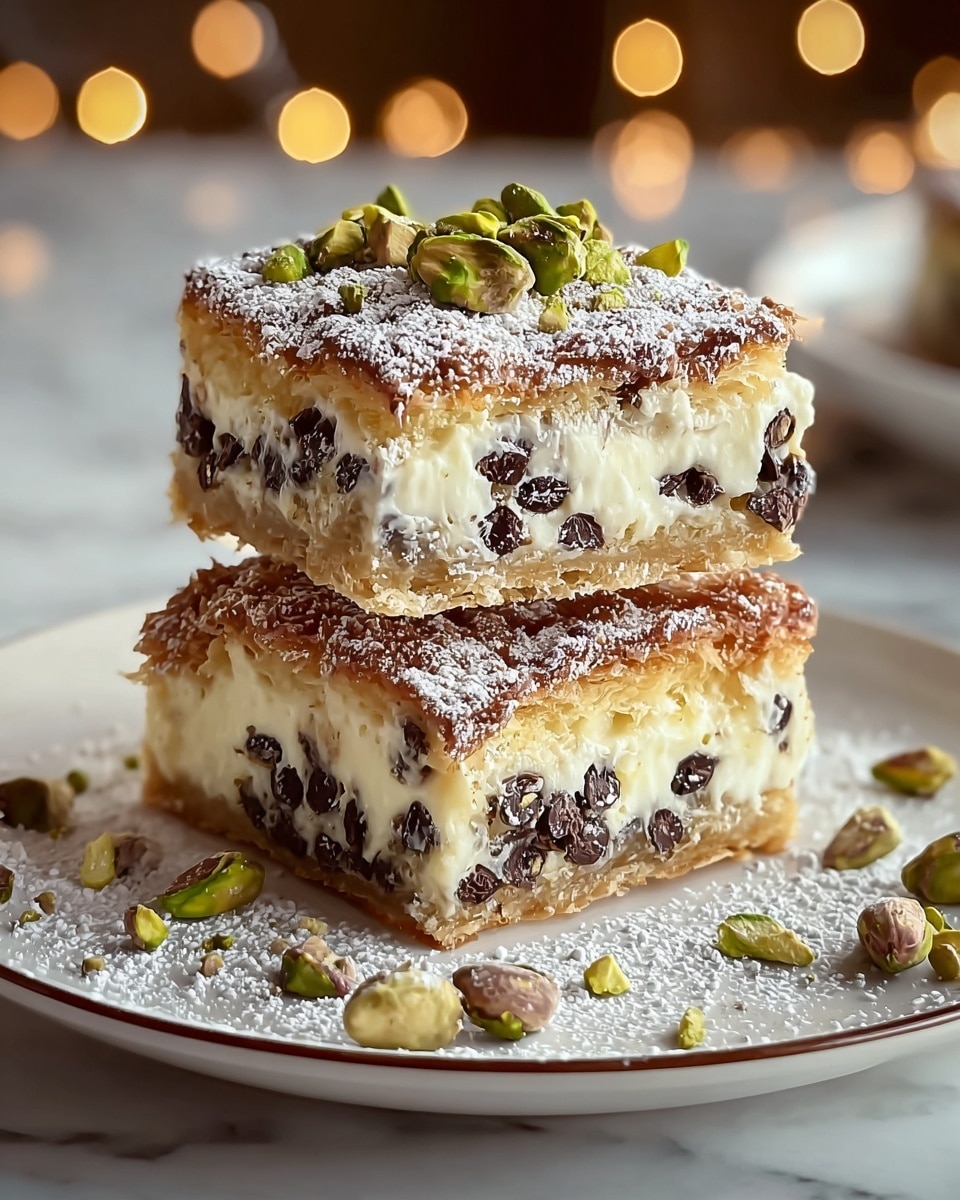Two layered square cake slices stacked slightly off-center on a white plate, placed on a white marbled surface. Each slice has three visible layers: a light golden-brown cake base, a thick white cream filling mixed with small dark chocolate chips, and another cake layer on top. The top surface is dusted with white powdered sugar and sprinkled with whole dark chocolate chips and chopped green pistachios, adding texture and color contrast. Some pistachios and chocolate chips are scattered around the plate. The background is softly blurred with warm light spots. photo taken with an iphone --ar 4:5 --v 7