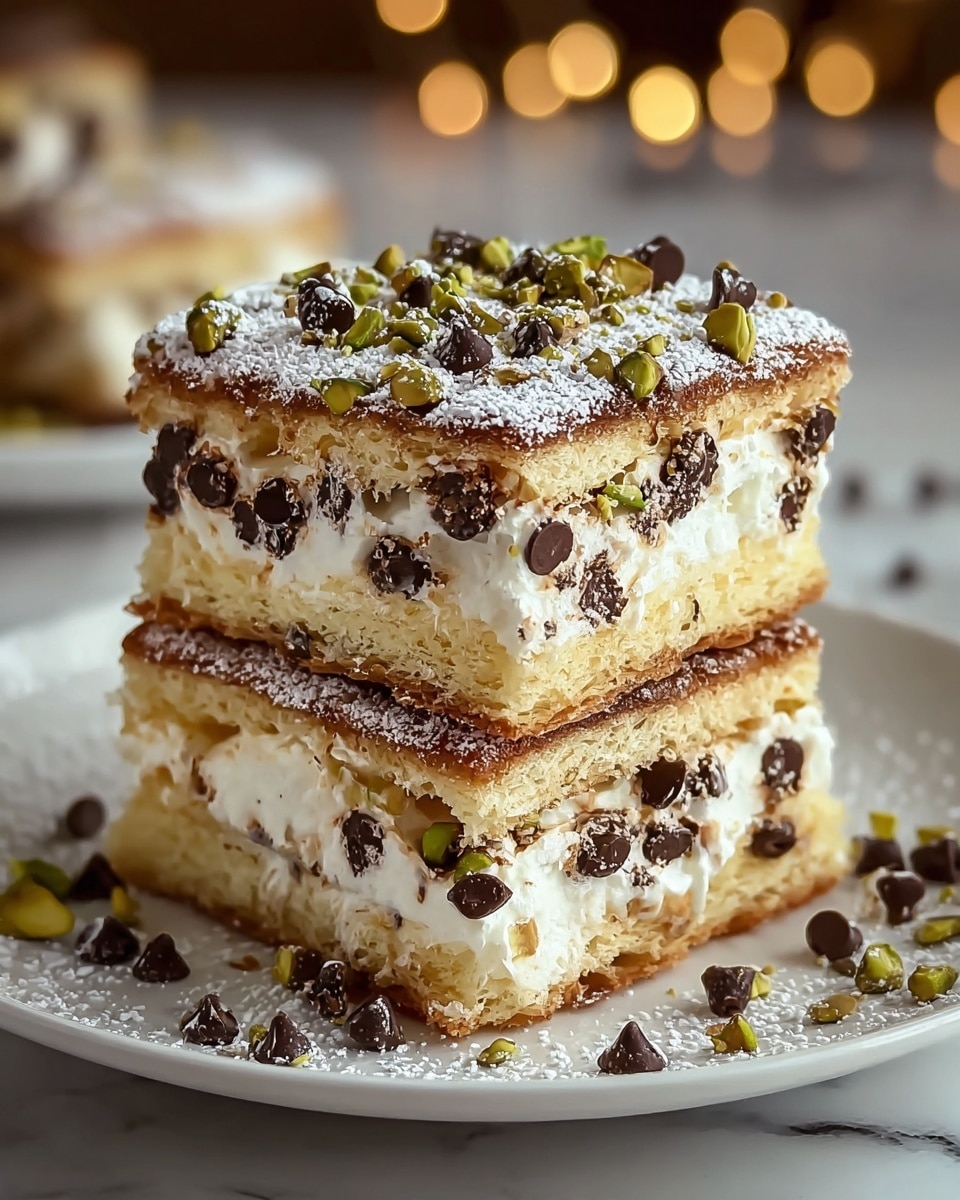 Two square-shaped dessert bars are stacked on top of each other on a white plate with a thin brown rim, placed on a white marbled surface. Each bar has three layers: a golden brown crispy top layer dusted with powdered sugar, a thick middle layer of creamy white filling with many dark chocolate chips mixed in, and a golden brown bottom crust similar to the top. The top bar is garnished with bright green chopped pistachio pieces and a few whole dark chocolate chips. There are also scattered pistachio pieces and powdered sugar on the plate around the bars. The background has warm light bokeh effects. photo taken with an iphone --ar 4:5 --v 7