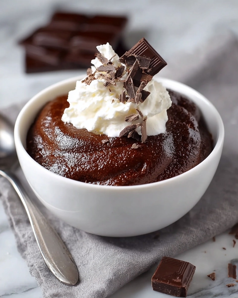 A white bowl filled with a thick, rich dark brown chocolate mousse with a glossy texture, topped with a fluffy white swirl of whipped cream. On top of the whipped cream and around it, there are small pieces and curls of dark chocolate, with one larger square piece leaning on the side of the whipped cream. The bowl is placed on a light gray cloth on a white marbled surface. A silver spoon lies next to the bowl. In the blurred background, there are some dark chocolate bars. Photo taken with an iphone --ar 4:5 --v 7