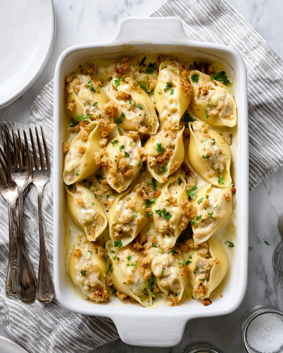 A white rectangular baking dish filled with large pasta shells stuffed with a creamy, light beige filling, arranged close together in two rows, topped with golden brown toasted bread crumbs scattered unevenly, small green chopped herbs sprinkled on top, and melted cheese melting over the shells and crumbs, all placed on a white marbled surface with a striped light gray and white cloth and two silver forks to the left and part of a white plate and a salt shaker visible on the right, photo taken with an iphone --ar 4:5 --v 7