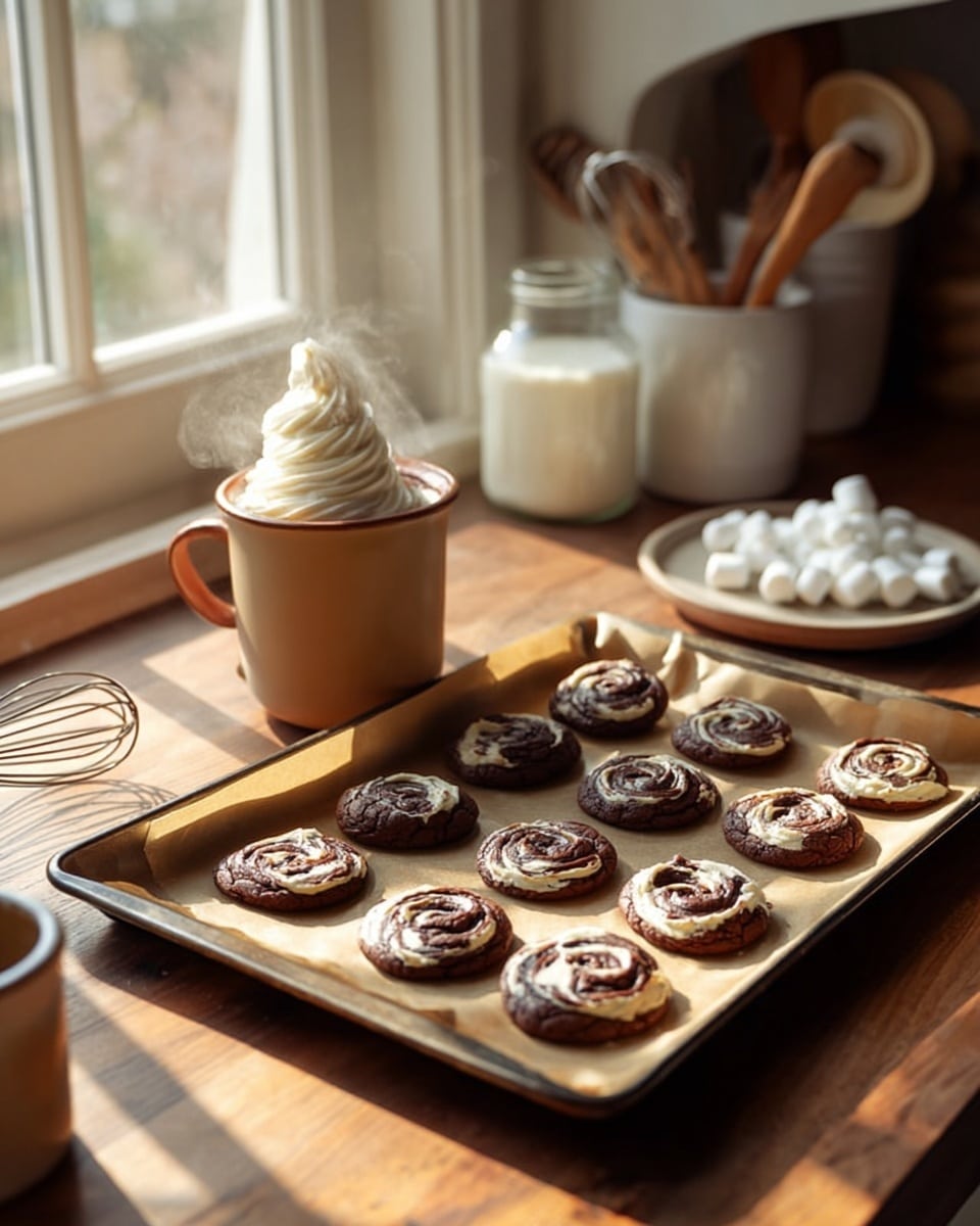 A baking tray lined with light brown parchment paper has nine round chocolate swirl cookies arranged in three rows. Each cookie has a dark brown base with a light cream-colored swirl pattern on top, giving a marbled look. Behind the tray, there is a light brown ceramic mug filled with steaming hot drink topped with a thick layer of white whipped cream in a spiral peak. The setting is warm and cozy next to a window with sunlight casting soft shadows on a wooden table, with kitchen tools and ingredients like a whisk, glass jar with milk, a small plate of white marshmallows, and a small pile of flour blurred in the background. The surface under the tray is a white marbled texture. photo taken with an iphone --ar 4:5 --v 7