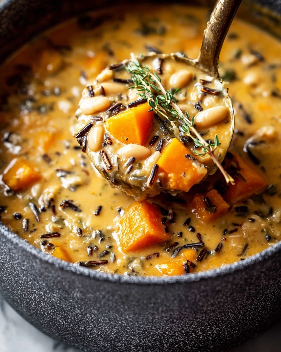 A close-up of a thick soup in a pot shows several large orange chunks of butternut squash and white beans mixed with black wild rice in a creamy light brown broth. The soup looks rich and chunky, with a sprig of fresh green thyme resting on top in the ladle, which is scooping up the thick mixture. The pot is textured dark gray, sitting on a white marbled surface. photo taken with an iphone --ar 4:5 --v 7
