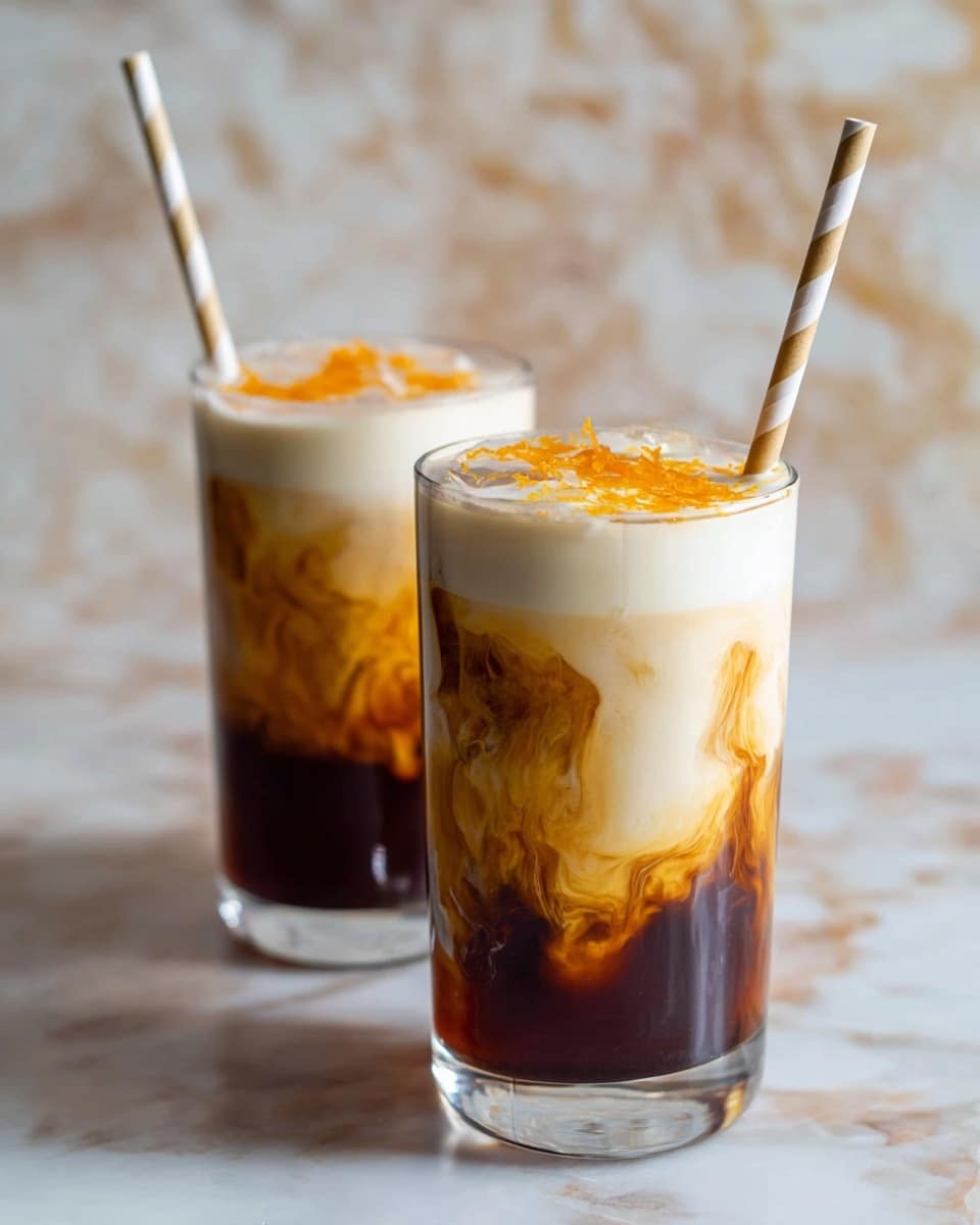 Two tall clear glasses with three visible layers each sit on a white marbled surface. The bottom layer is dark brown, almost black, with a liquid texture; the middle layer is creamy white, swirling up and mixing with the dark layer; the top layer is a thick white foam with orange shreds sprinkled on top. Each glass has a paper straw with white and beige stripes. The background is softly blurred with the same white marbled texture. photo taken with an iphone --ar 4:5 --v 7