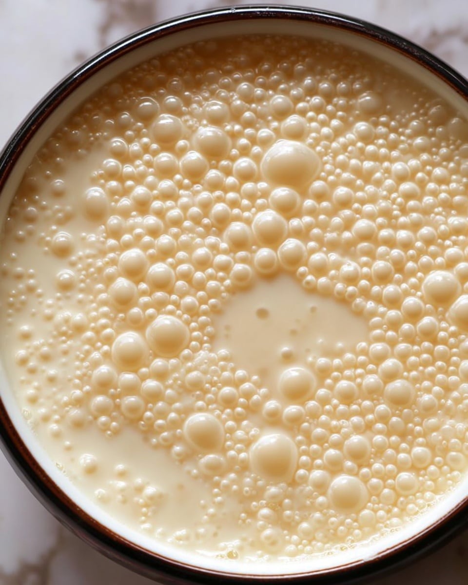 The image shows a close-up view of a round bowl filled with a creamy, ladle-thick soup or porridge that has many small, smooth, shiny, pearl-like bubbles of different sizes covering the entire surface. The bubbles appear translucent with a pale yellow or beige color, giving the dish a soft, moist texture that looks fresh and inviting. The bowl has a white inside with a dark outer rim, and the background is a white marbled texture. photo taken with an iphone --ar 4:5 --v 7