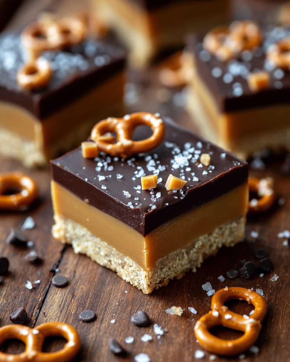 This image shows a close-up of a square dessert bar with three clear layers on a wooden surface with pretzels and chocolate chips around it. The bottom layer is a light beige crumbly crust, the middle layer is a thick smooth caramel colored filling, and the top layer is a shiny dark chocolate ganache. Scattered sea salt flakes and small rolled caramel pieces decorate the chocolate surface. The background features more similar dessert bars blurred out. photo taken with an iphone --ar 4:5 --v 7