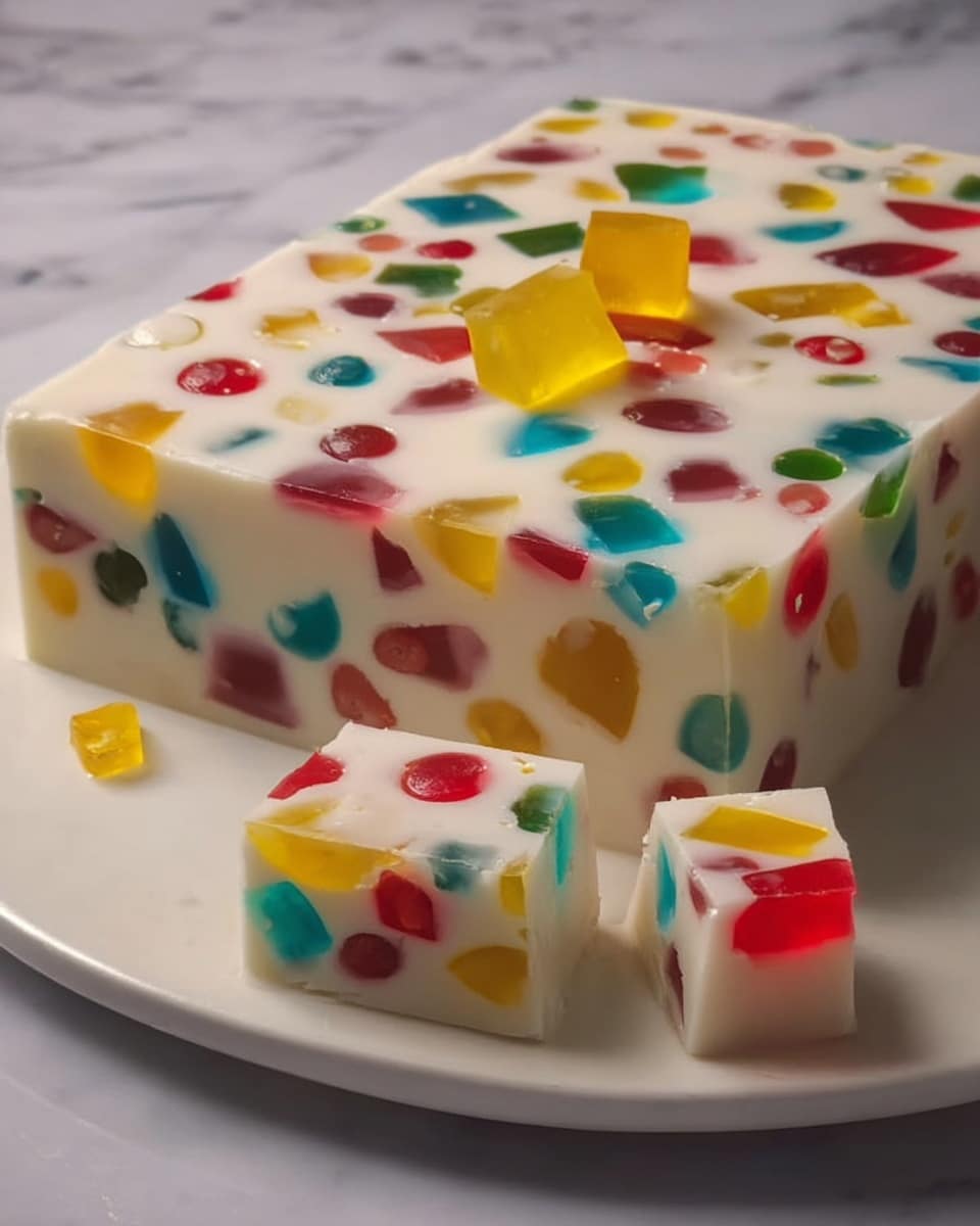 The image shows a thick, square block of white sweet with colorful jelly candies embedded inside. The main layer is creamy white with a smooth texture and many small, bright jelly pieces of red, yellow, green, and blue scattered throughout. On top of the block, there are a few small cut pieces, revealing the same colorful jelly pattern inside. The block is placed on a white plate, set on a white marbled surface, without any other objects visible. photo taken with an iphone --ar 4:5 --v 7