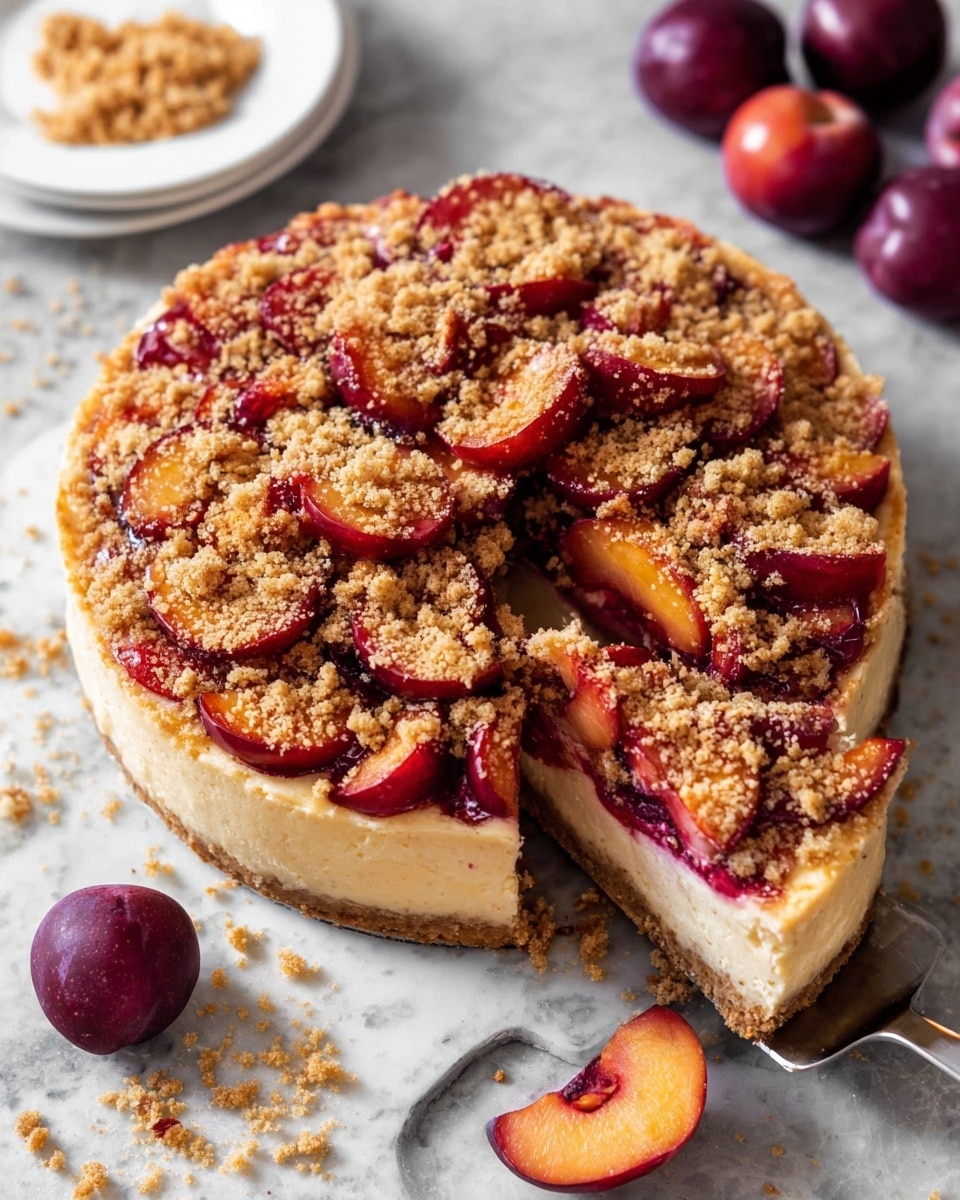 A round cheesecake with a smooth, light creamy base forms the bottom layer, topped with a thick layer of sliced red and orange plums arranged unevenly, showing their juicy inner flesh. The fruit layer is covered with a crumbly streusel topping in golden brown, sprinkled generously with small and medium-sized crumbs scattered across the fruit and the cheesecake edges. One slice is cut and lifted with a metal spatula, revealing the neat layers and crumbly base. The cheesecake is set on a white marbled surface with whole plums and extra crumbs scattered around, alongside a white plate with more of the crumb topping. Photo taken with an iphone --ar 4:5 --v 7