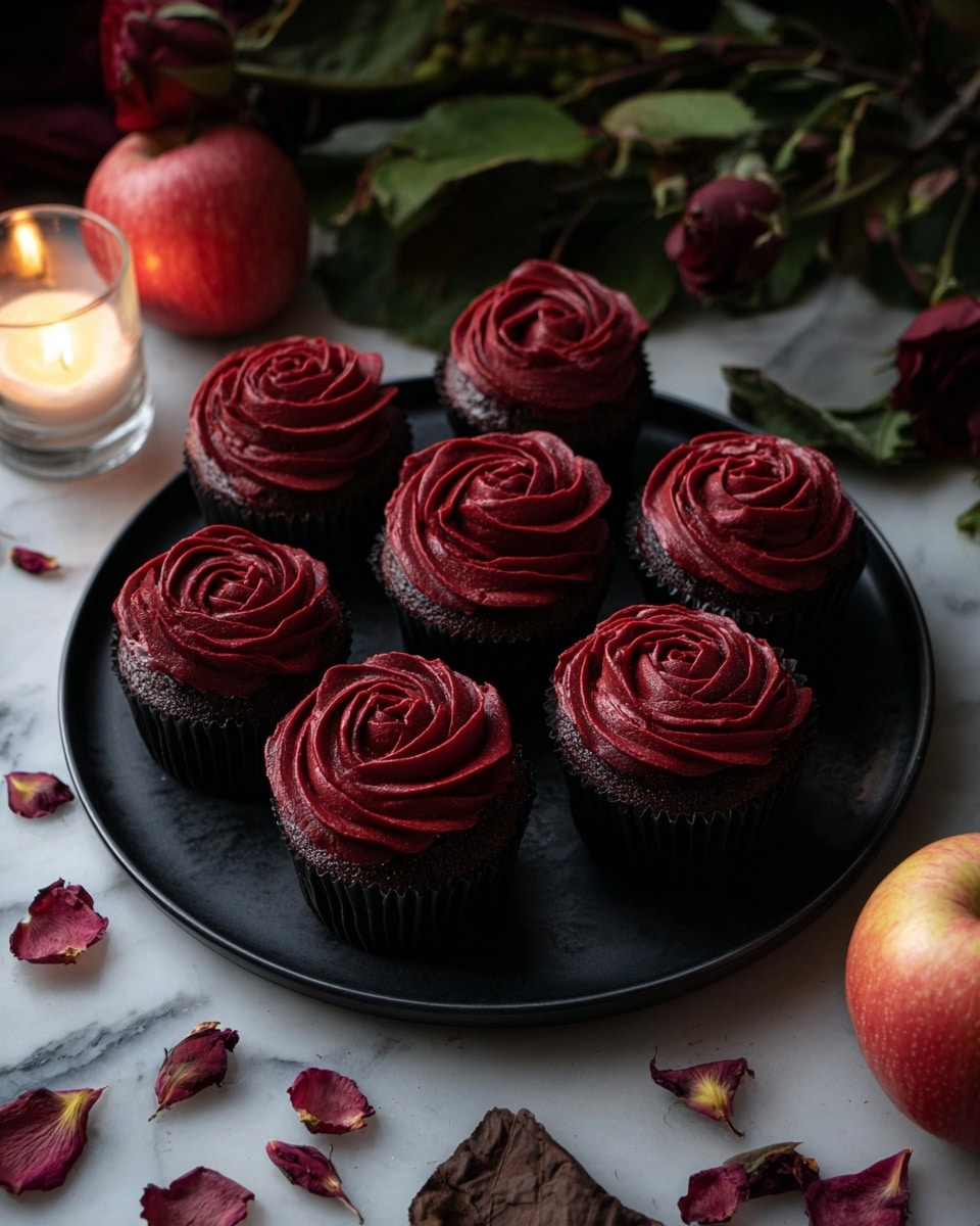 A black plate holds six chocolate cupcakes arranged in a circle, each topped with a thick swirl of deep red frosting shaped like a rose with smooth, velvety texture. The cupcakes’ dark brown base shows through thin black cupcake liners, contrasting sharply with the rich red frosting. The scene is set against a white marbled surface, with scattered dried red flower petals around the plate. In the background, green leaves and a dark red rose add a natural touch, along with two red apples placed on the marble. A lit candle in a small glass holder creates a warm glow nearby. Photo taken with an iphone --ar 4:5 --v 7
