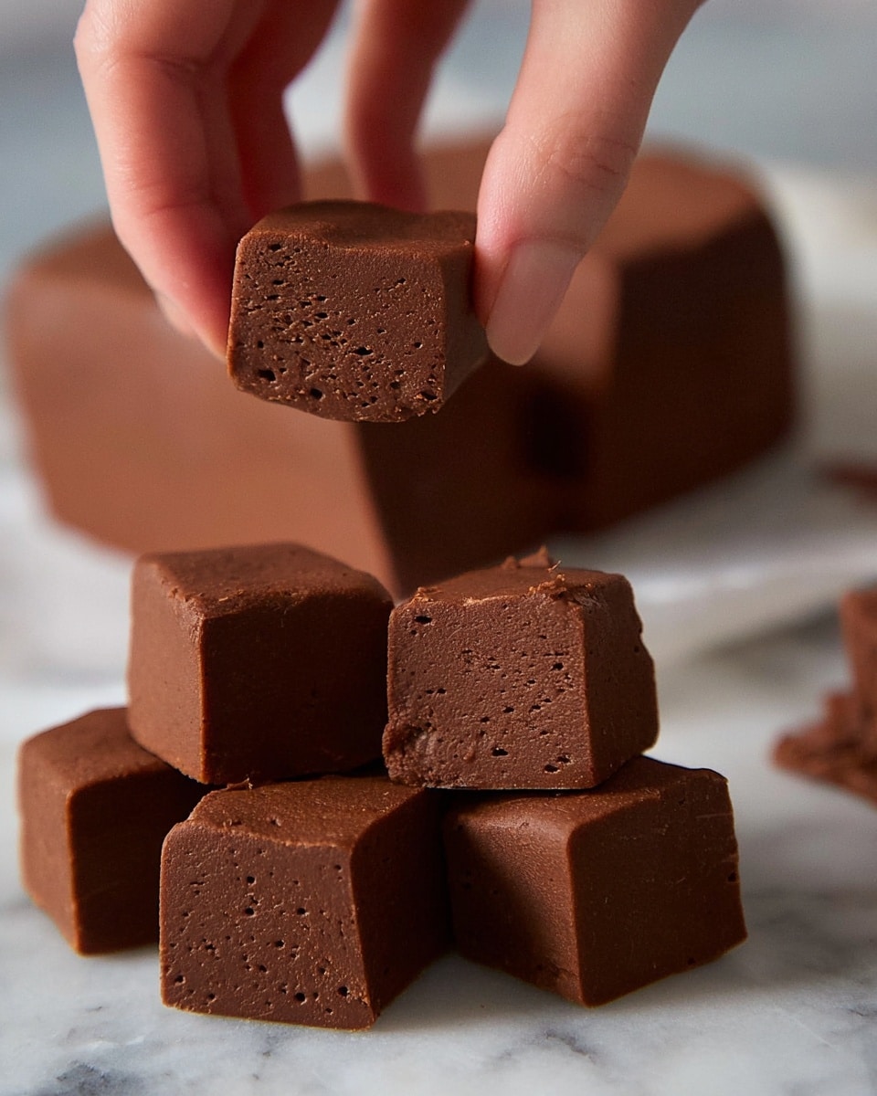 A close-up image shows several small, soft squares of chocolate fudge with a smooth, dense texture and tiny holes, arranged in front of a larger block of the same fudge that is partially sliced. A woman's hand is gently holding one cube between the thumb and forefinger above the pile. The fudge is a rich, deep brown color and appears creamy and moist. The scene is set on a white marbled surface. photo taken with an iphone --ar 4:5 --v 7