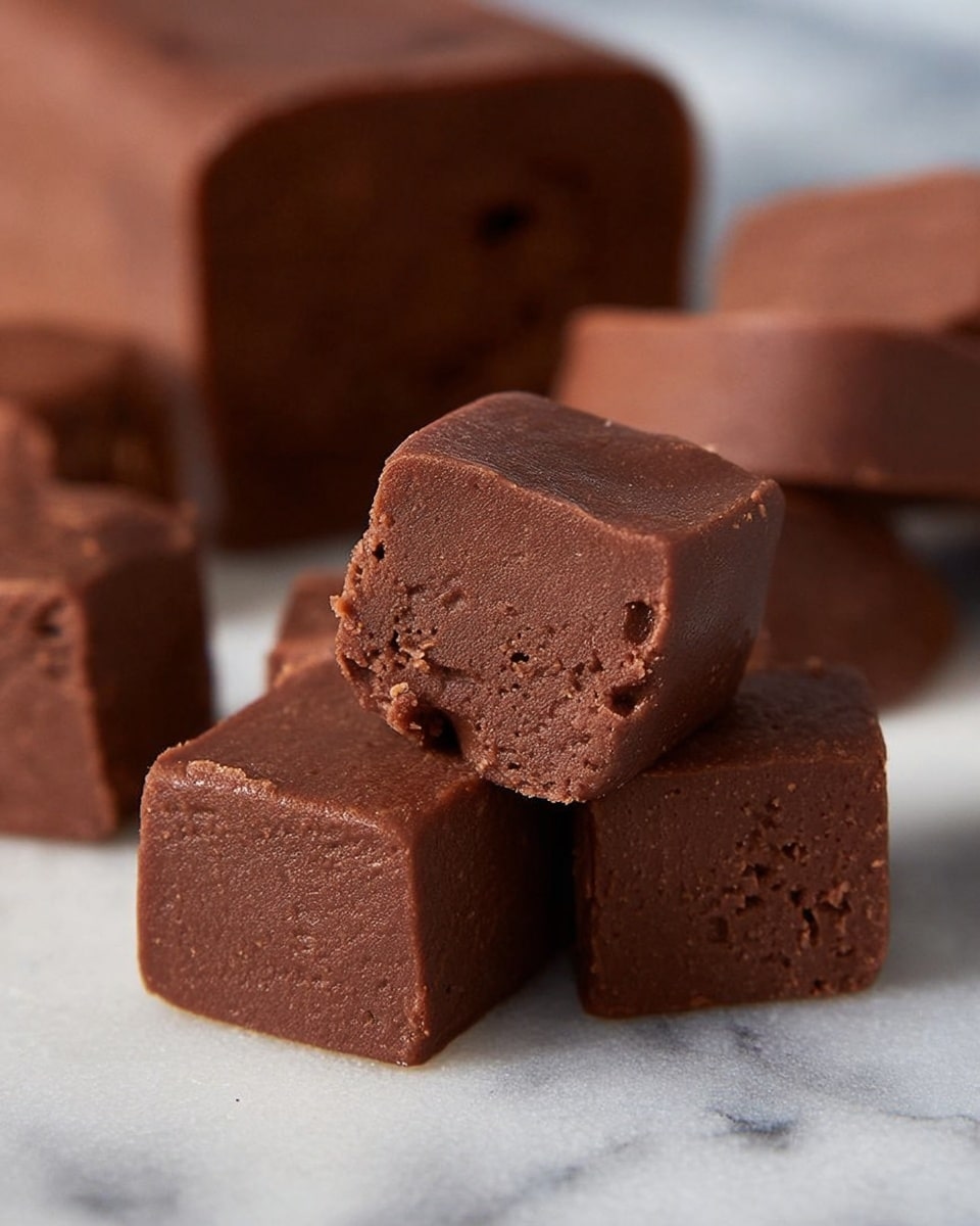 The image shows soft, square-shaped pieces of chocolate fudge, stacked in a small pile on a white marbled surface. The fudge pieces have a smooth texture with slight cracks and air holes, and their dark brown color looks rich and creamy. In the background, there is a larger block of the same fudge, partially sliced with rounded edges, also resting on the white marbled surface. The focus is on the front pile, highlighting the dense and moist texture of the fudge. photo taken with an iphone --ar 4:5 --v 7