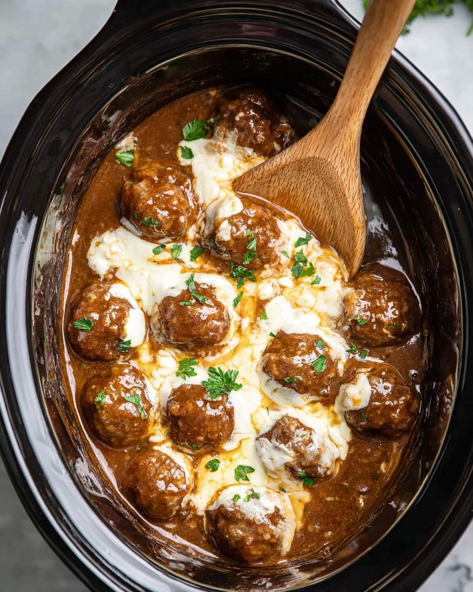 Inside a black slow cooker, there are several brown meatballs covered with a thick, glossy brown sauce mixed with melted white cheese. The cheese is spread unevenly, creating a contrast between the brown sauce and white melted cheese around the meatballs. Small green parsley leaves are sprinkled on top, adding a pop of color. A brown wooden spoon sticks into the mixture from the top right side. The slow cooker sits on a white marbled surface. photo taken with an iphone --ar 4:5 --v 7