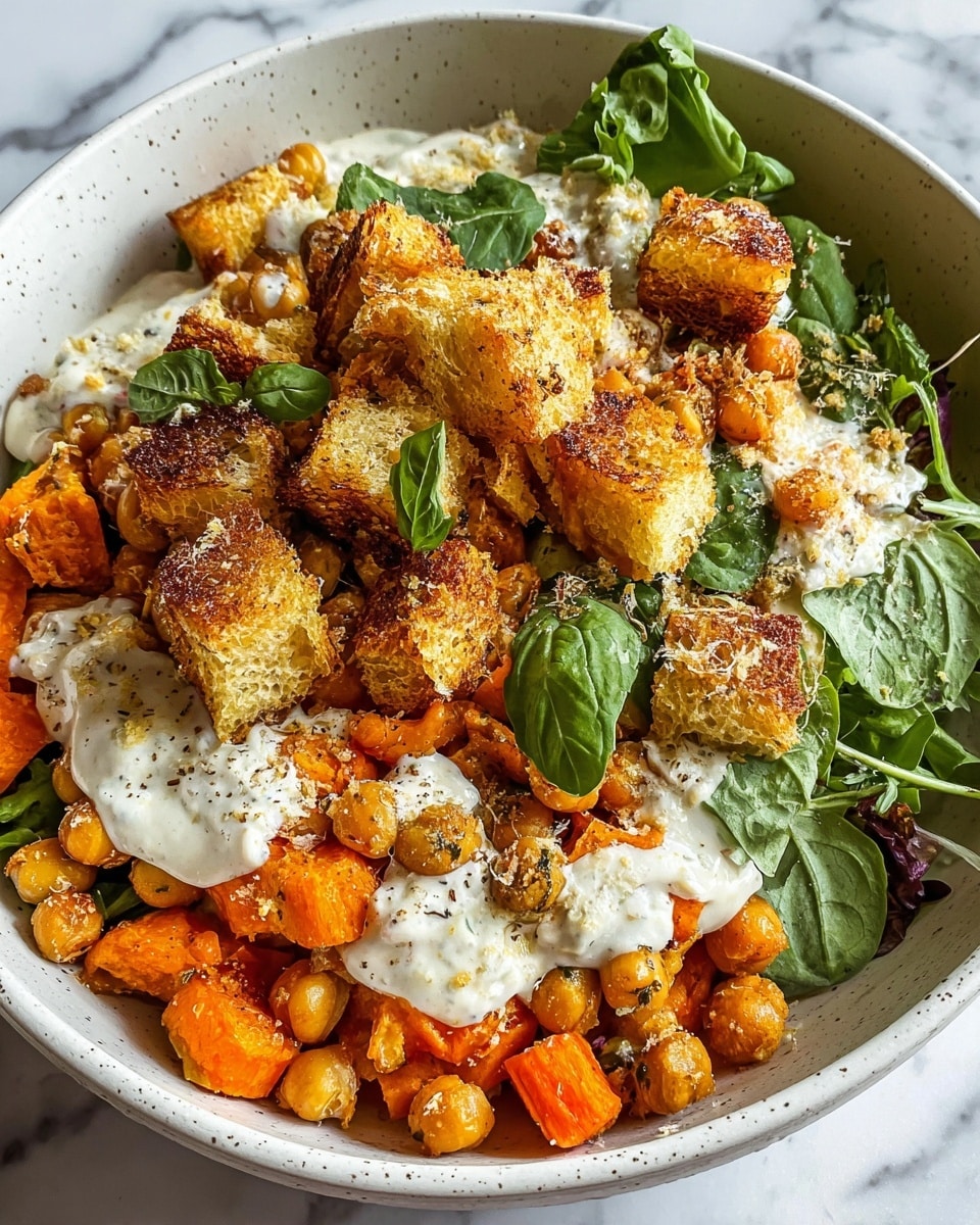 A bowl filled with a colorful mixed salad showing around three main layers: at the bottom, there is a white creamy sauce spread evenly, topped with a layer of bright orange roasted carrot cubes mixed with golden brown roasted chickpeas, and scattered fresh green leaves like basil and arugula. The top layer has several toasted bread cubes with a golden crust, sprinkled with a light dusting of cheese or breadcrumbs, with dollops of the creamy white sauce visible between the pieces. The bowl is white with a simple speckled design, placed on a white marbled surface. photo taken with an iphone --ar 4:5 --v 7