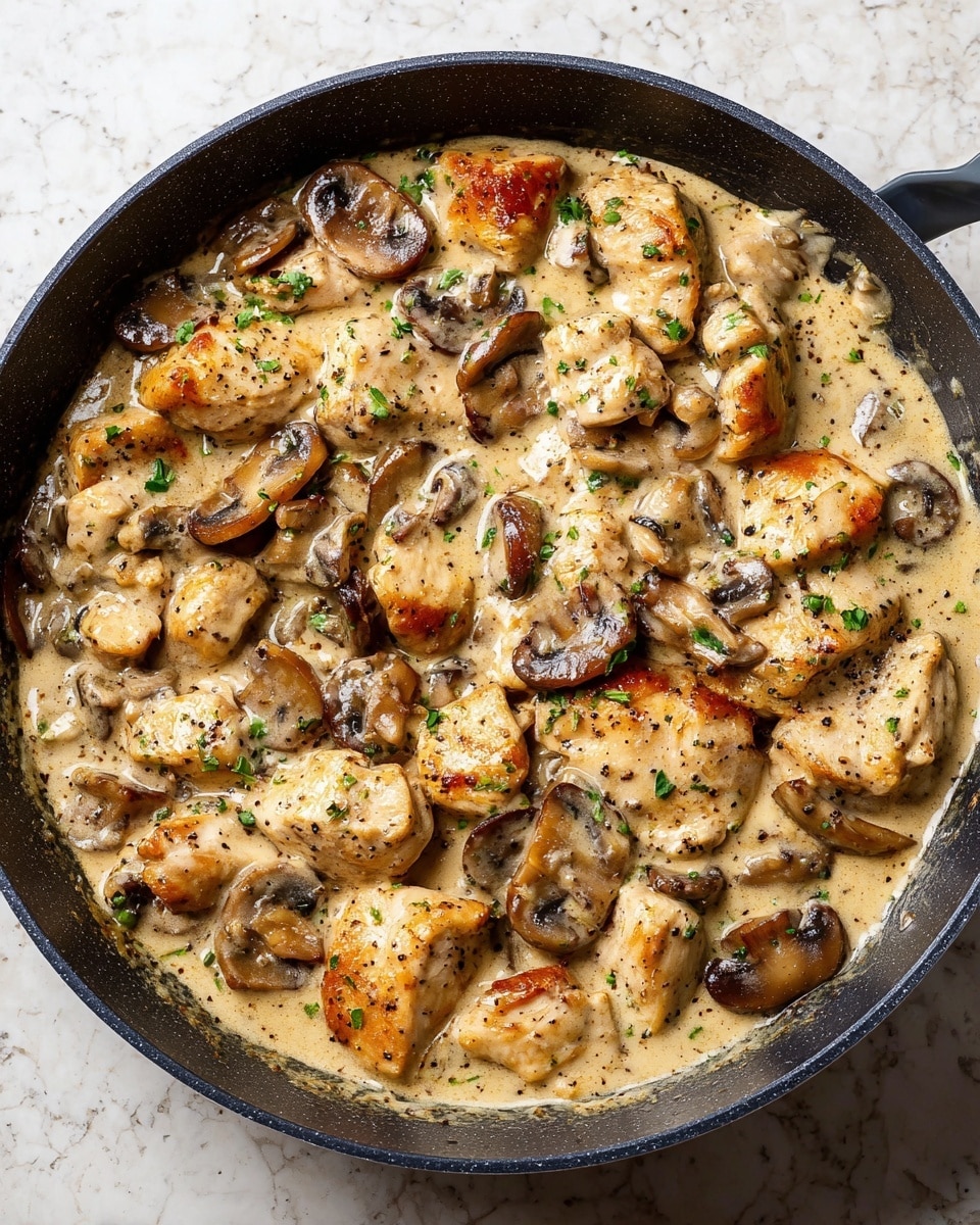 A black pan filled with a creamy dish made of browned chicken pieces and sliced mushrooms, all coated in a light beige cream sauce with visible black pepper specks. The chicken chunks are golden brown on their edges with tender interiors, mixed evenly with plump, brown mushrooms. Small pieces of green herbs are scattered on top for added color. The pan rests on a white marbled surface. photo taken with an iphone --ar 4:5 --v 7