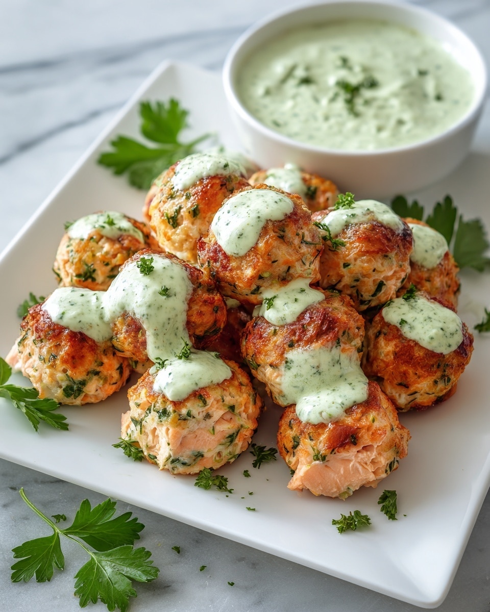 The image shows a white square plate filled with round salmon balls, each having a golden-brown crust with visible green herbs mixed in. There are about twelve salmon balls, arranged in a loose cluster. Each ball is topped with a dollop of light green creamy sauce sprinkled with small green herb pieces. Fresh parsley leaves are scattered around the edges of the plate for garnish. In the background, there is a white bowl filled with more of the green sauce. The entire setting is on a white marbled surface. photo taken with an iphone --ar 4:5 --v 7