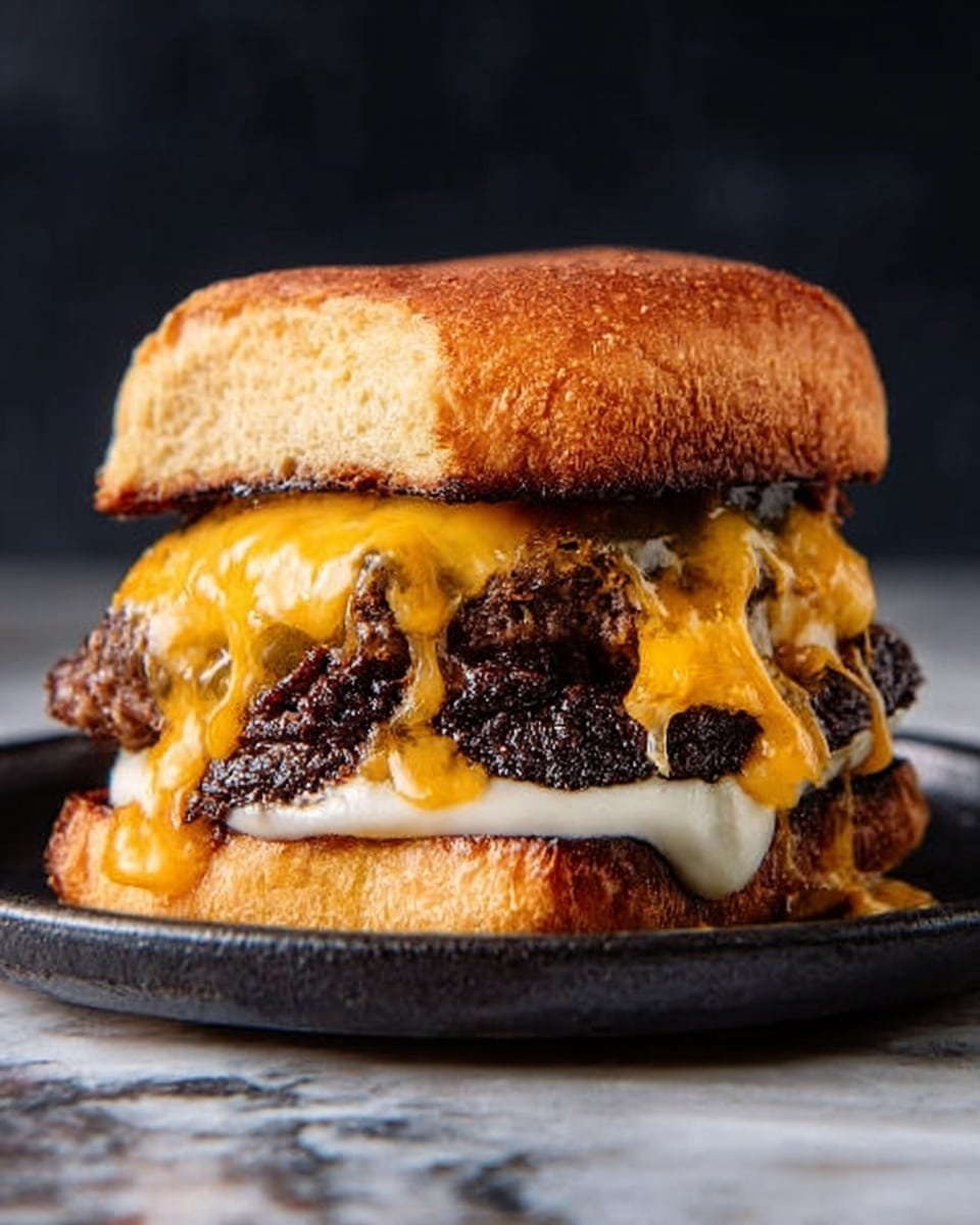 The image shows a thick burger on a black plate, placed on a white marbled surface. The burger has three main layers: at the bottom, a light brown bun topped with a layer of melted white cheese, the middle layer is a large, juicy dark brown beef patty with melted bright orange cheddar cheese melting down the sides, and the top layer is a golden brown bun with a slightly rough texture. The background is dark, making the burger stand out. Photo taken with an iphone --ar 4:5 --v 7